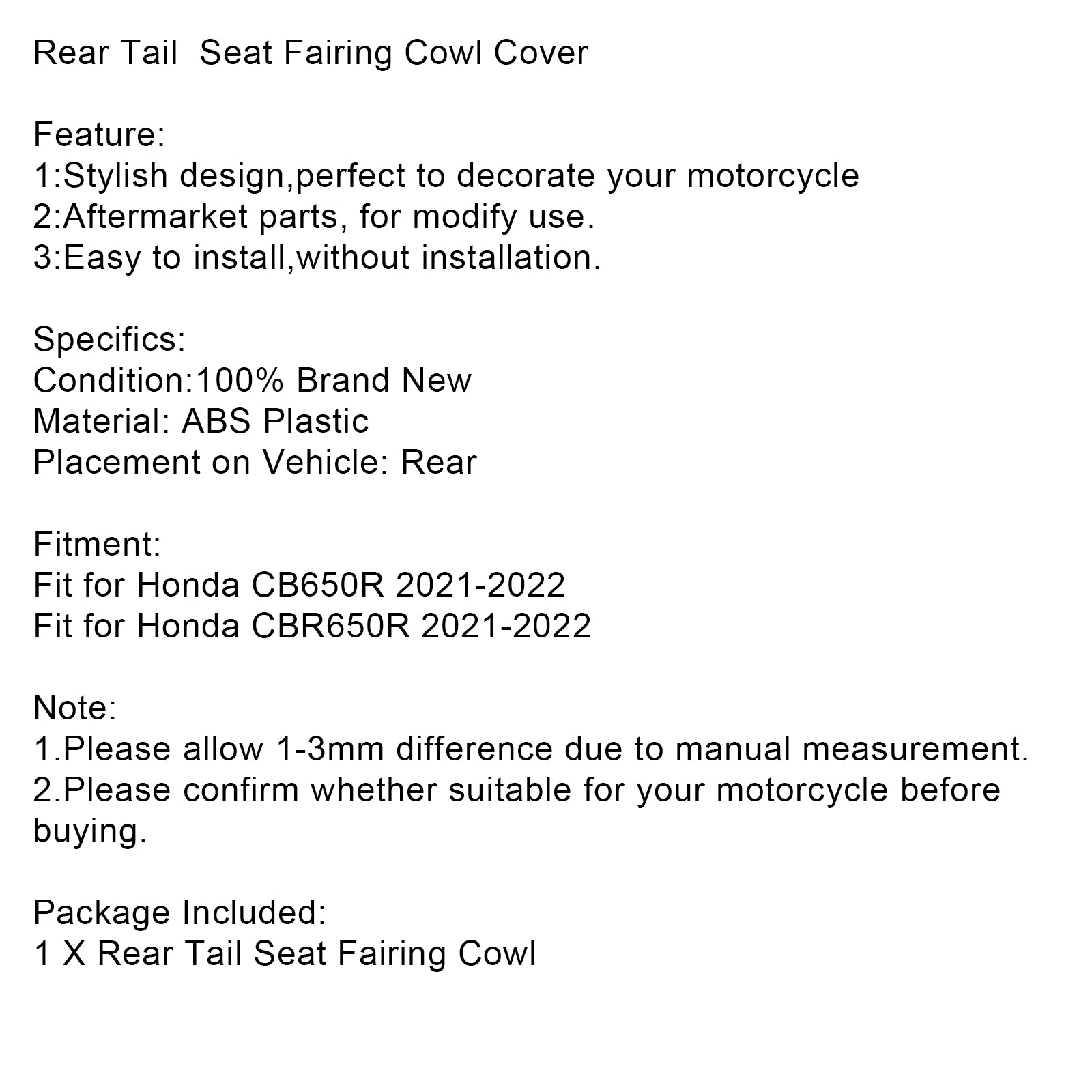 Bakre svansstolskåpa för Honda CB650R 2021-2022 Generisk