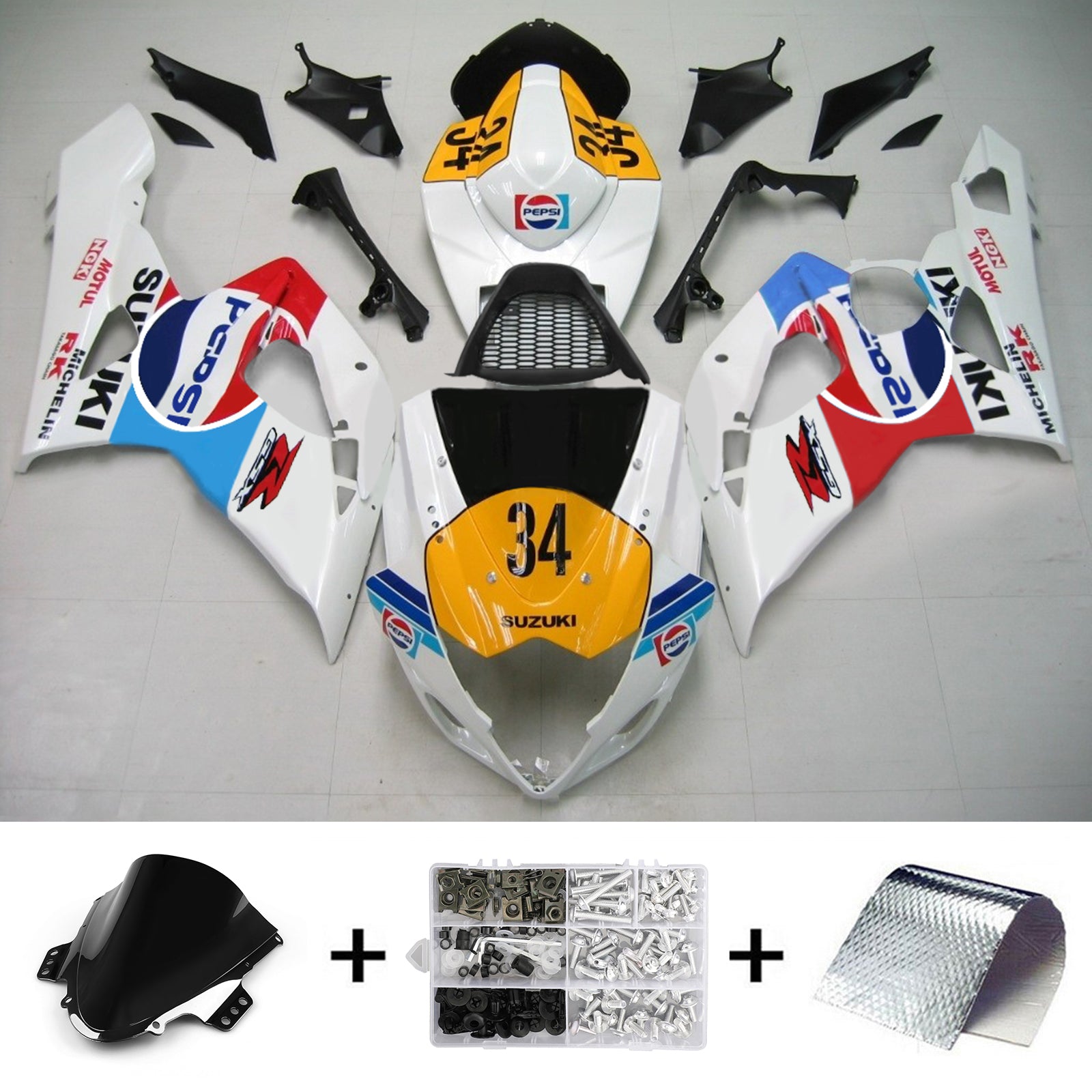 Amotopart 2005–2006 Suzuki GSXR1000 Verkleidung, mehrfarbig, Pepsi 34, Weiß, Kit