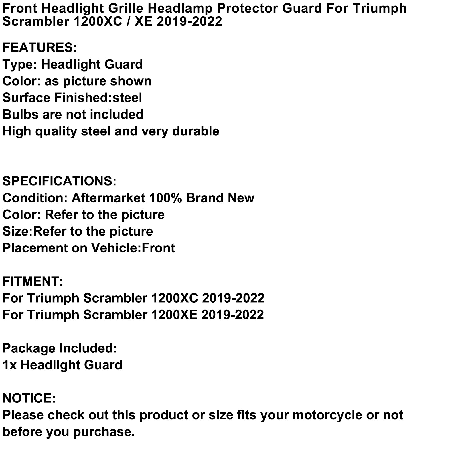 Headlamp Cover Headlight Guard Protector Grill Black For Tr 1200Xc/Xe 19-22 20 Generic