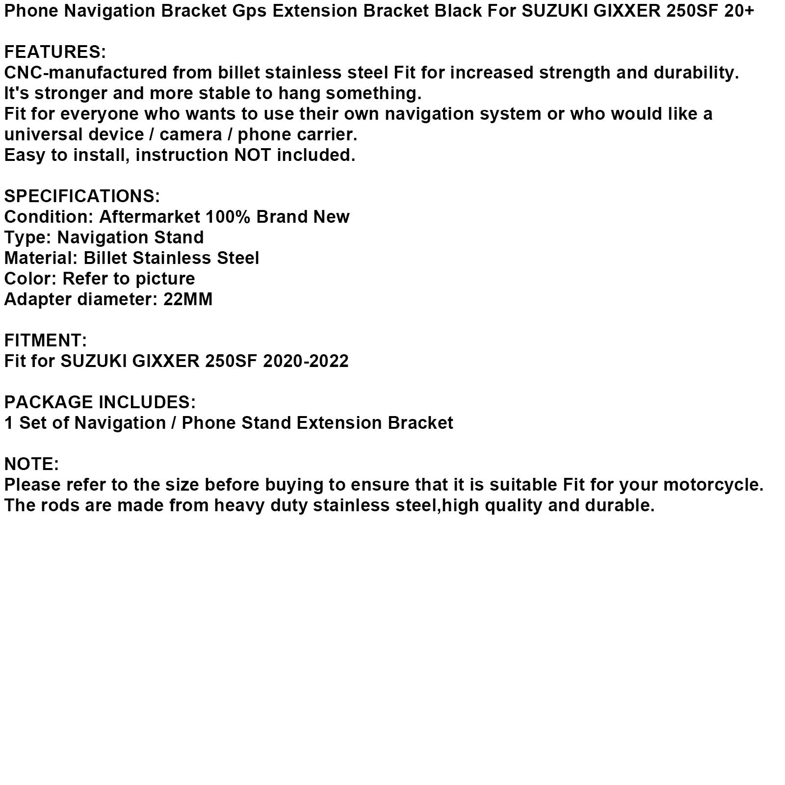 Navigationsfäste Telefon GPS -konsol Black Fits för Suzuki Gixxer 250SF 20+