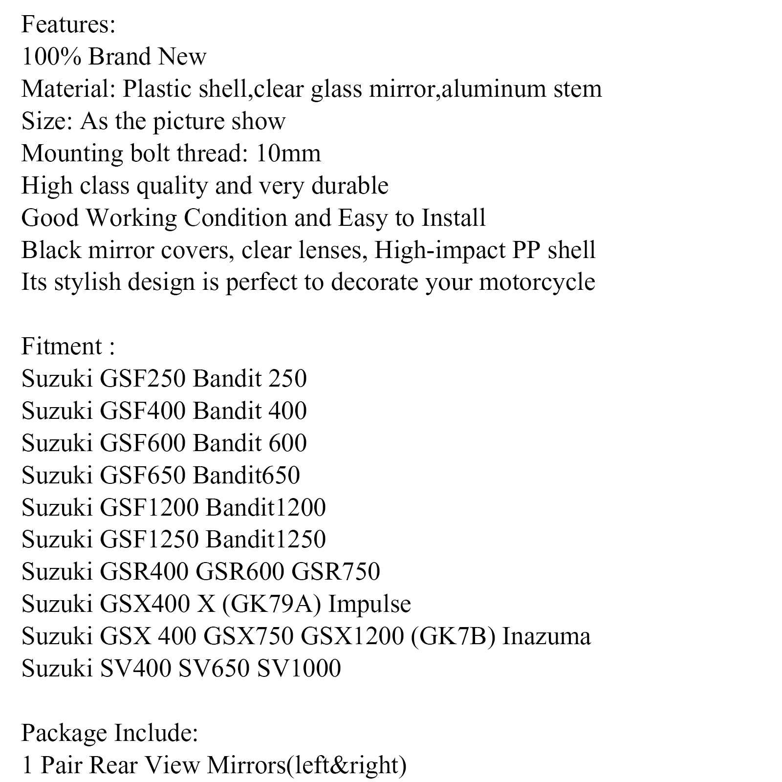 Specchietti retrovisori moto da 10 mm per Suzuki GSF250 Bandit 250/400/600 SV1000 generico