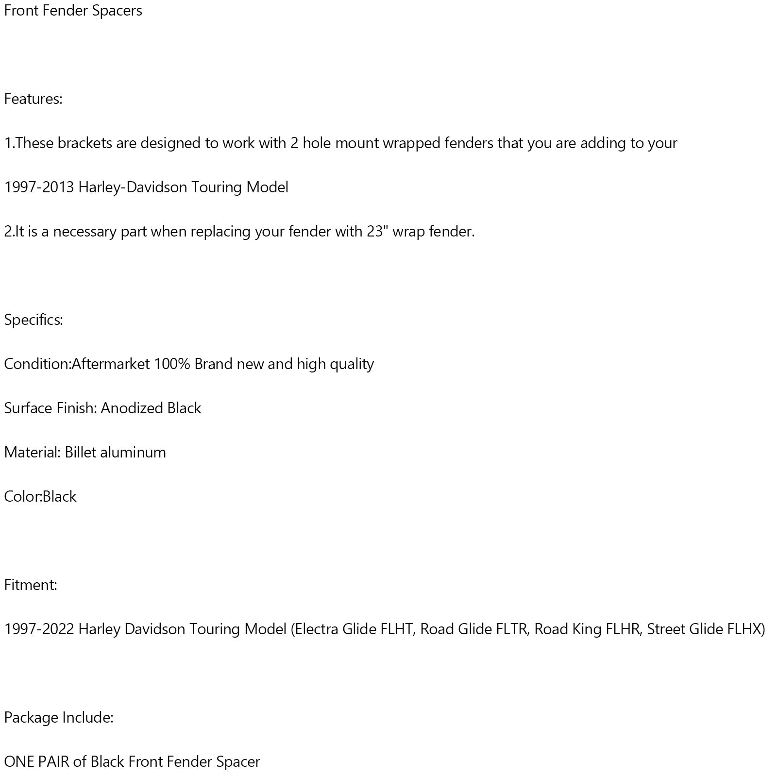 19" 21" 23" Spaceres de Fender Front para turnê Electra Street Glide Road 1997-2022