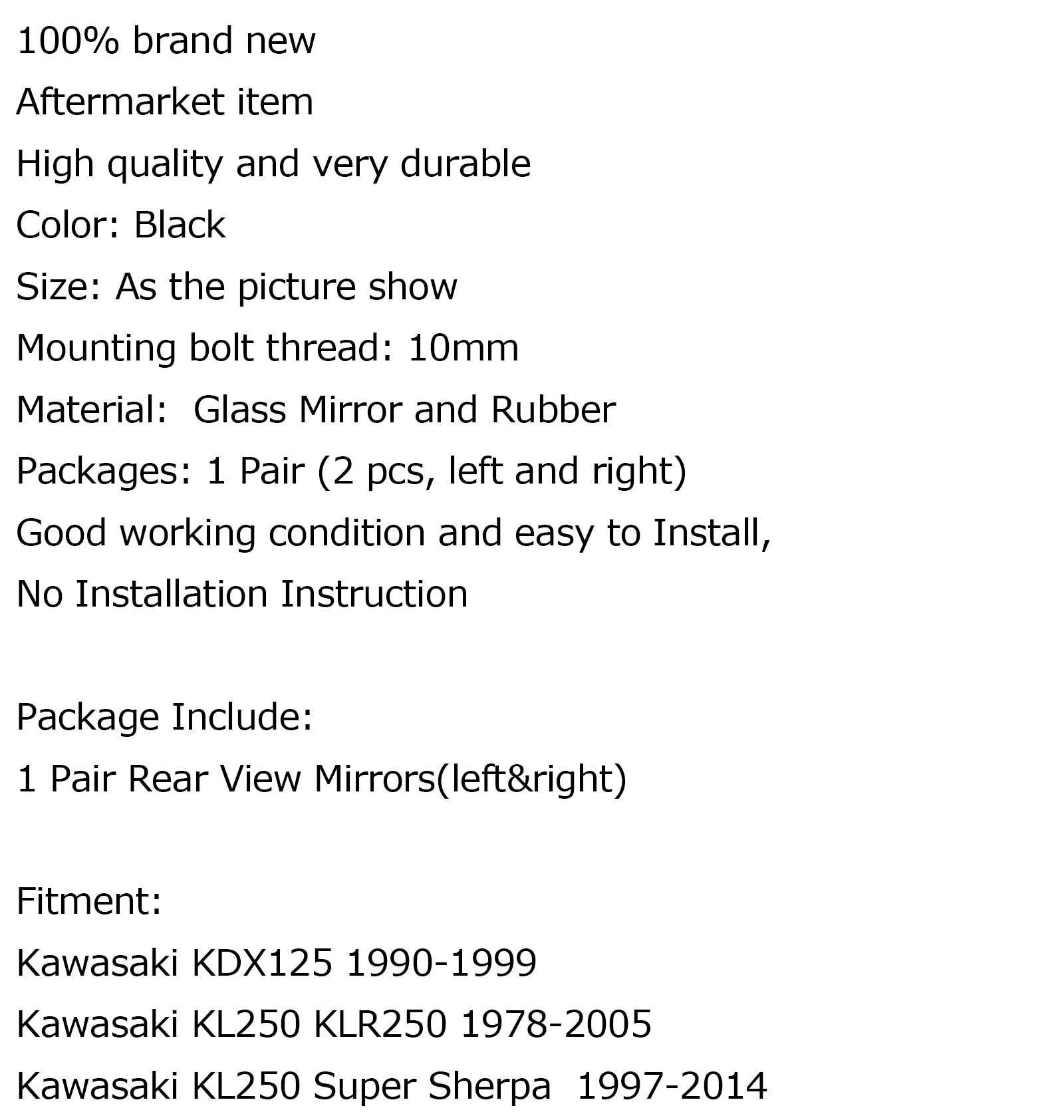 Motorcykel Brugerdefineret 10 mm bagview side spejle til Kawasaki KL250 KL600 KL650 Generisk