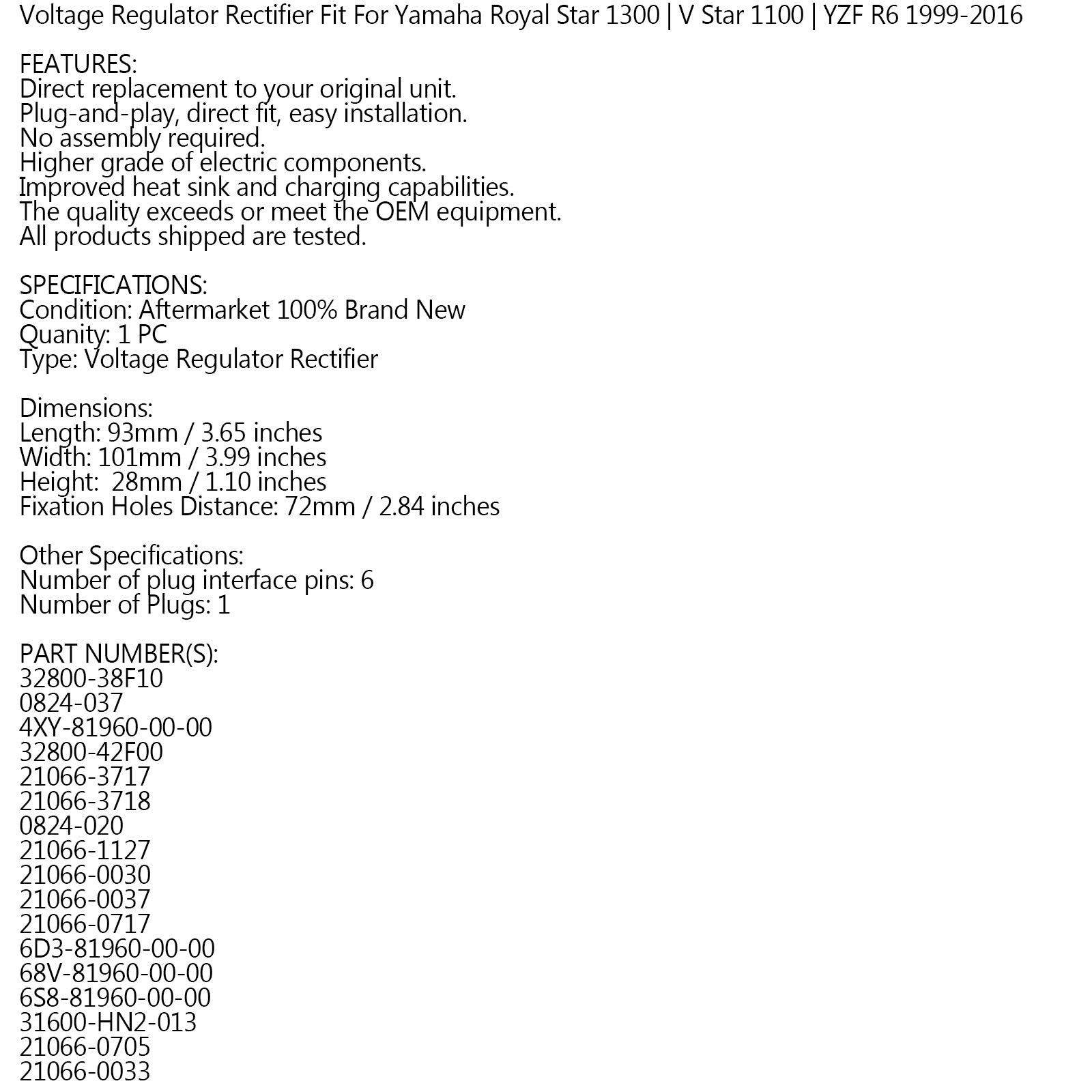 Spændingsregulator til Yamaha Royal Star 1300 V-stjerne 1100 YZF-R6 4XY-81960-00-00
