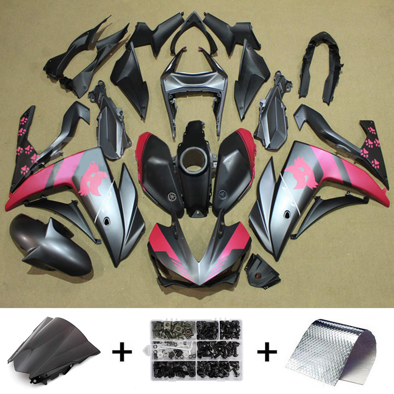 Amotopart Fairing Kit Yamaha 2014-2018 YZF R3 & 2015-2017 YZF R25 Black Pink Fairing Kit