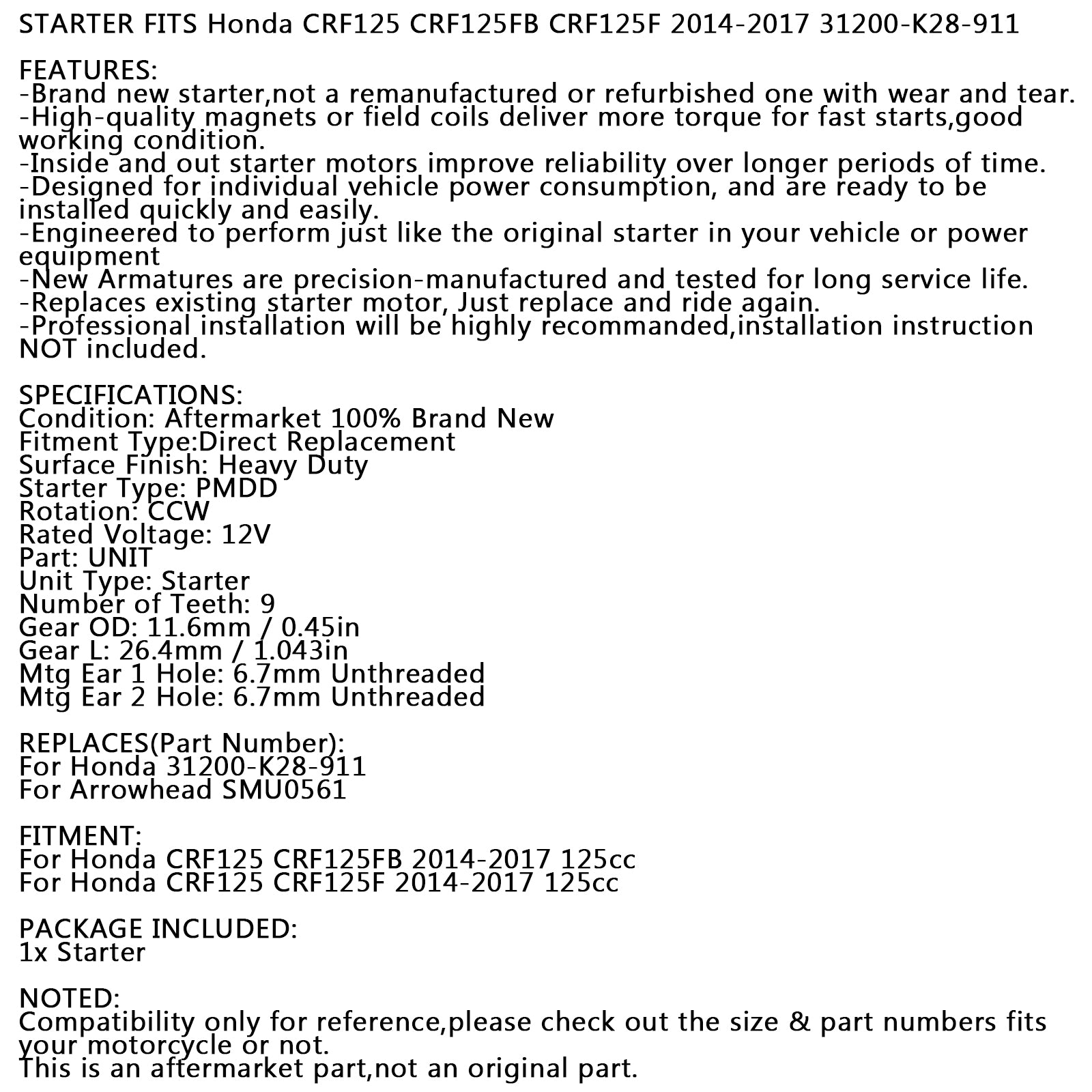 Ny Starter PMDD CCW 9-TOOTH 12V för Honda CRF125F CRF125FB 14-17 31200-K28-911