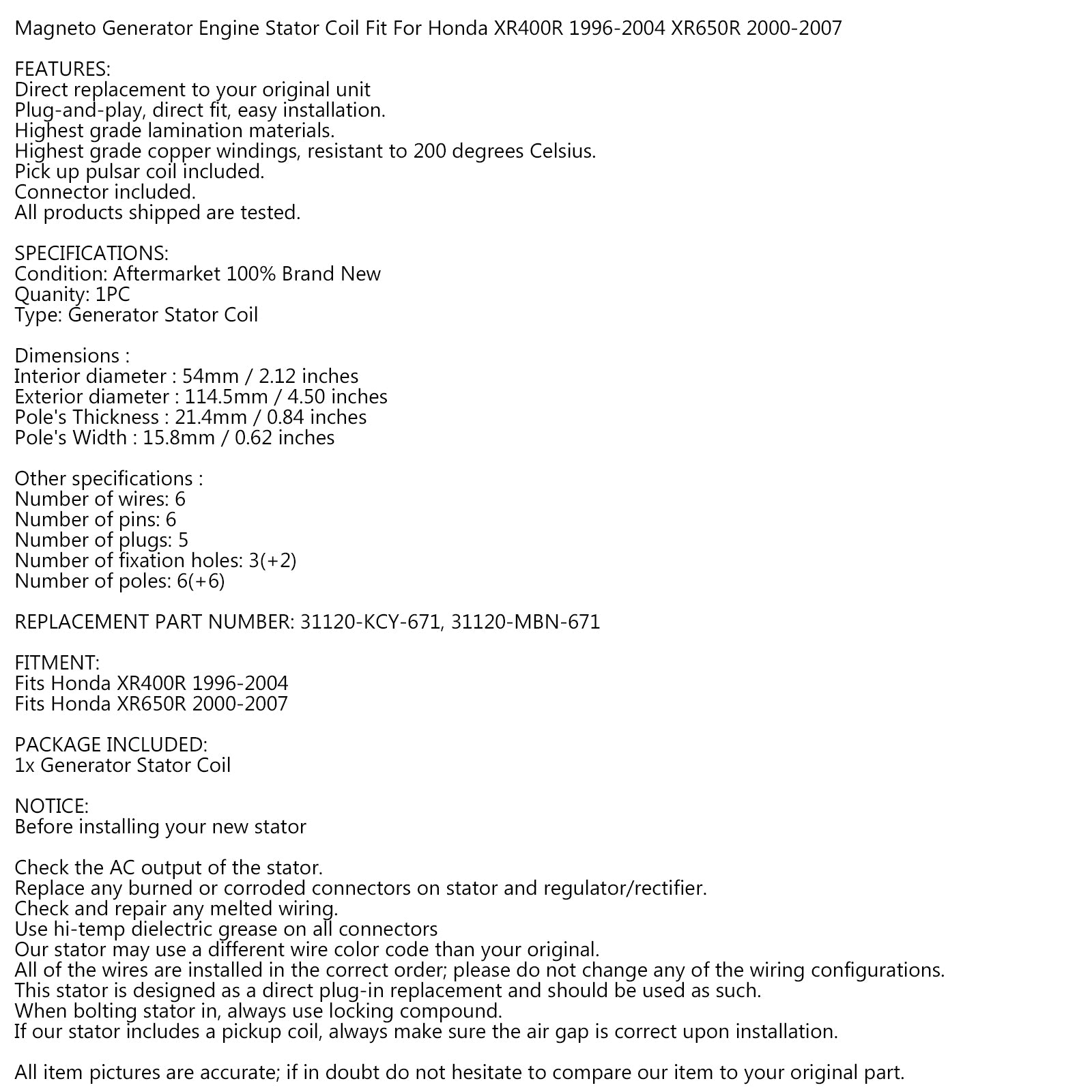 Alternátor generátoru statoru pro Honda XR650R 2000-2007 XR400R 1996-2004