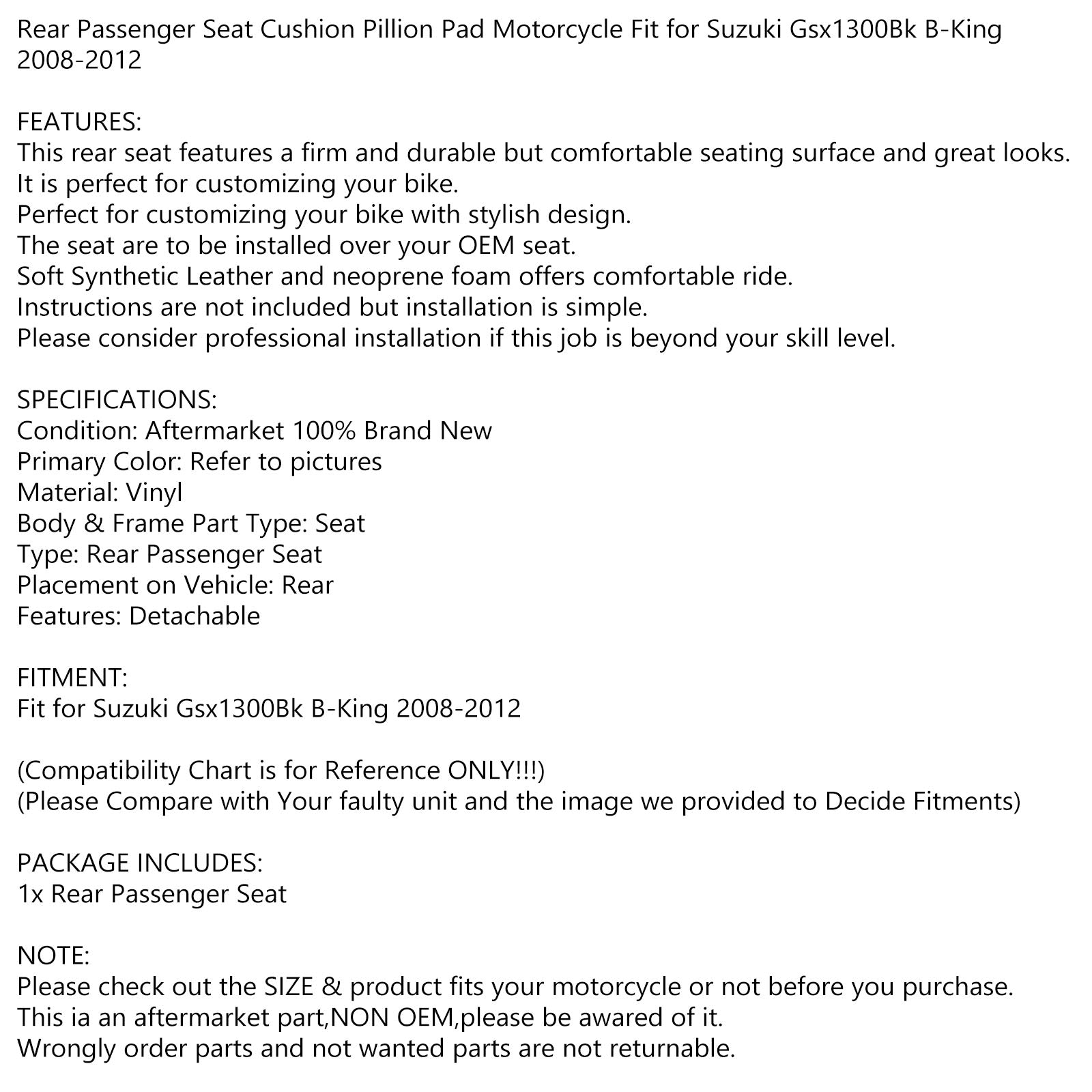 Bagerste passager sæde-sadle sadel passer til Suzuki GSX1300BK 2008-2012 09 10 11 Generisk