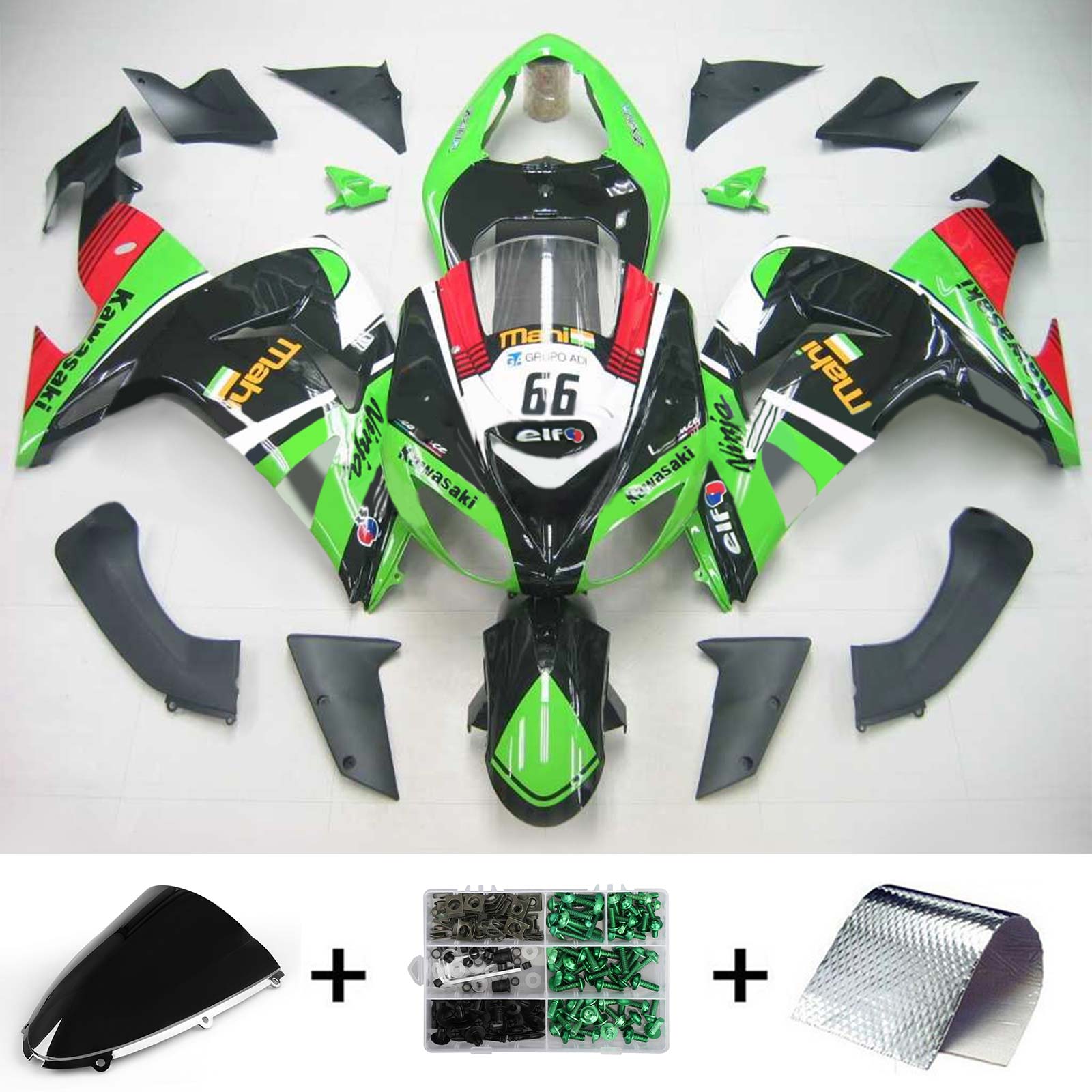 Amotopart Kawasaki ZX10R 2006–2007 grün-schwarzes Verkleidungsset