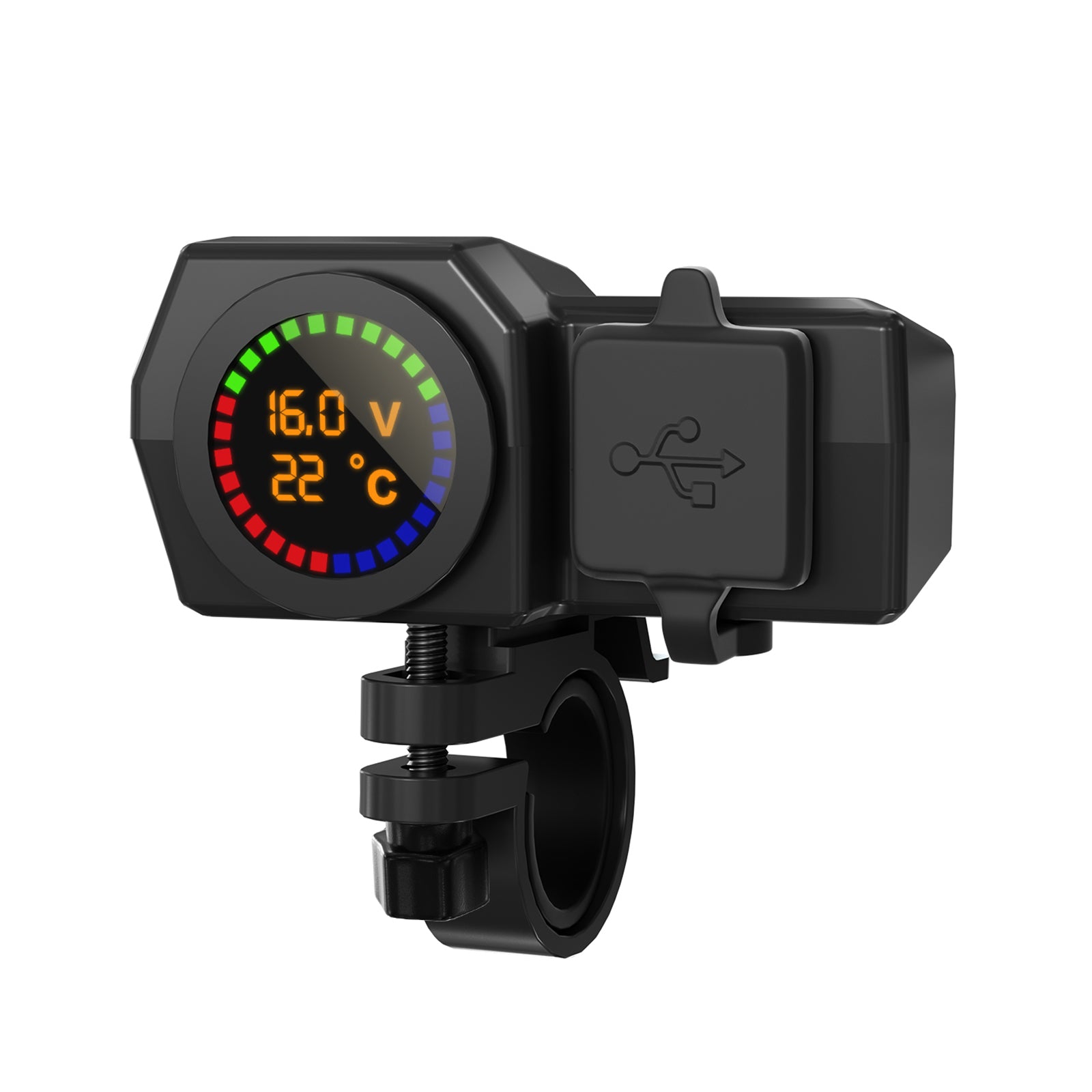 QC3.0 volt meter telefonoplader Bracket temperaturmåler til motorcykel scooter sort generisk