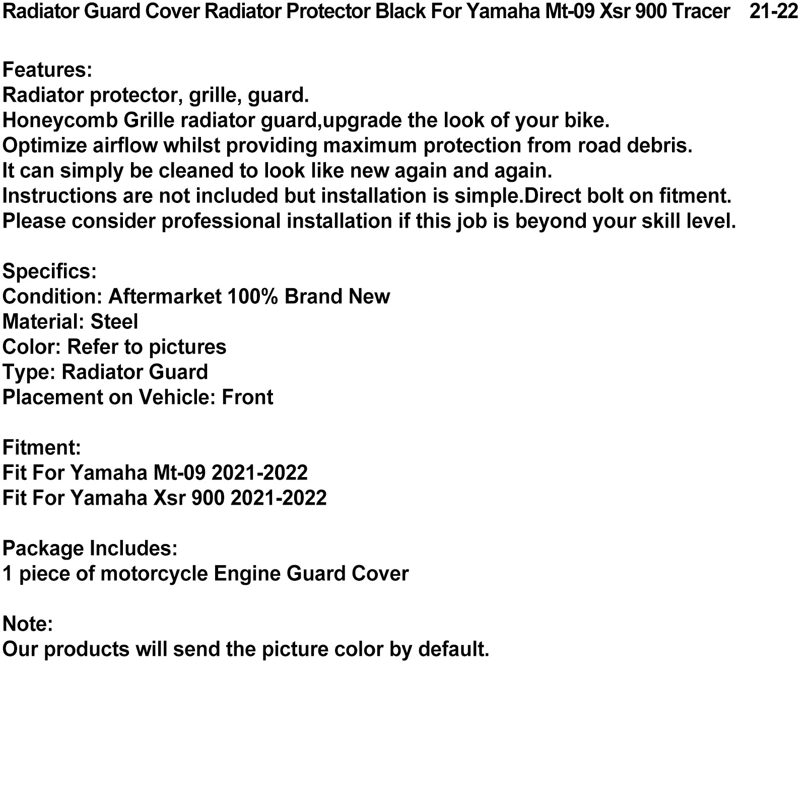 21-22 YAMAHA MT-09 XSR 900 Radiator Guard Cover Radiator Protector Black Generic