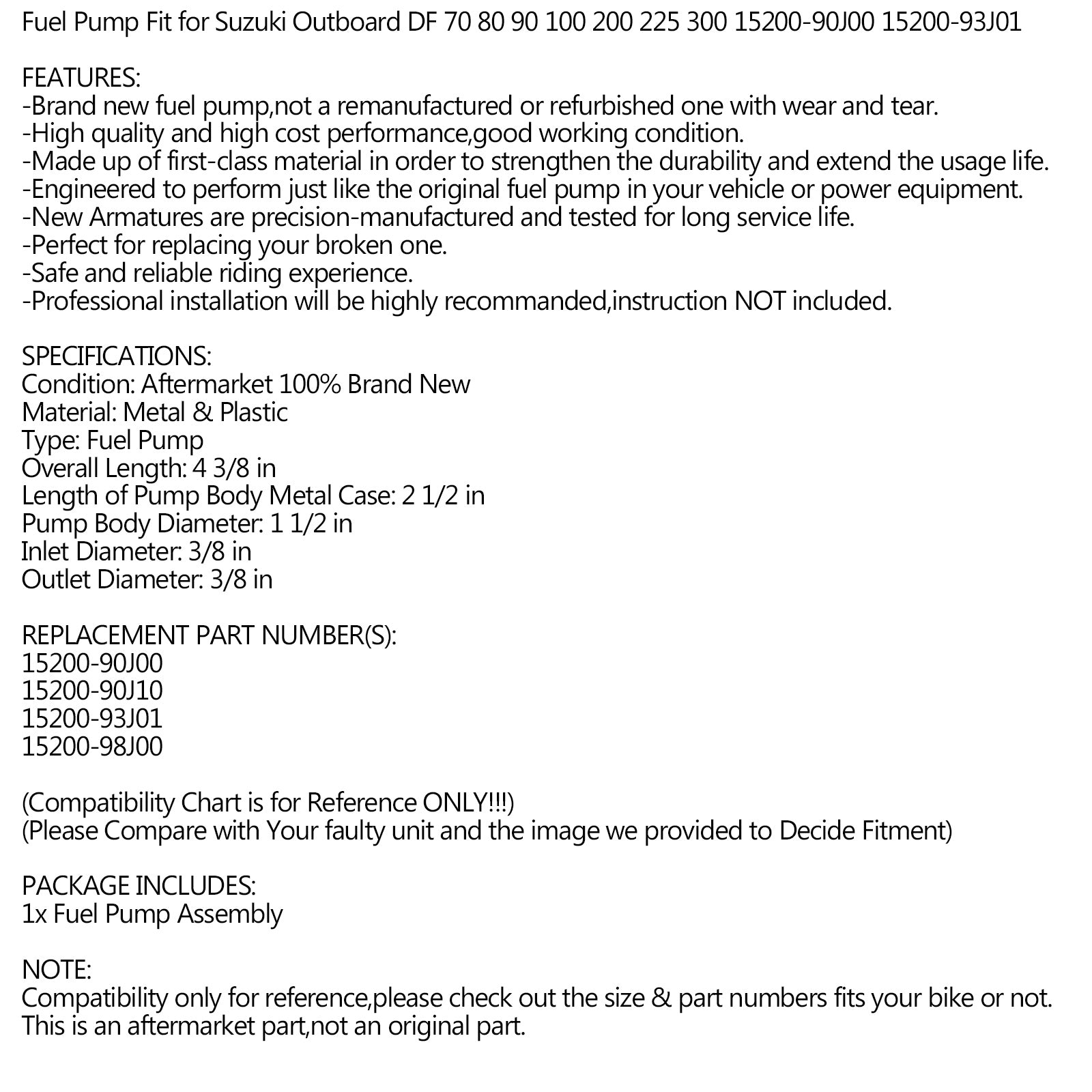 Bomba de combustible compatible con fuerabordas Suzuki 70-300Hp 15200-90J00 15200-93J01 15200-98J00 genérico