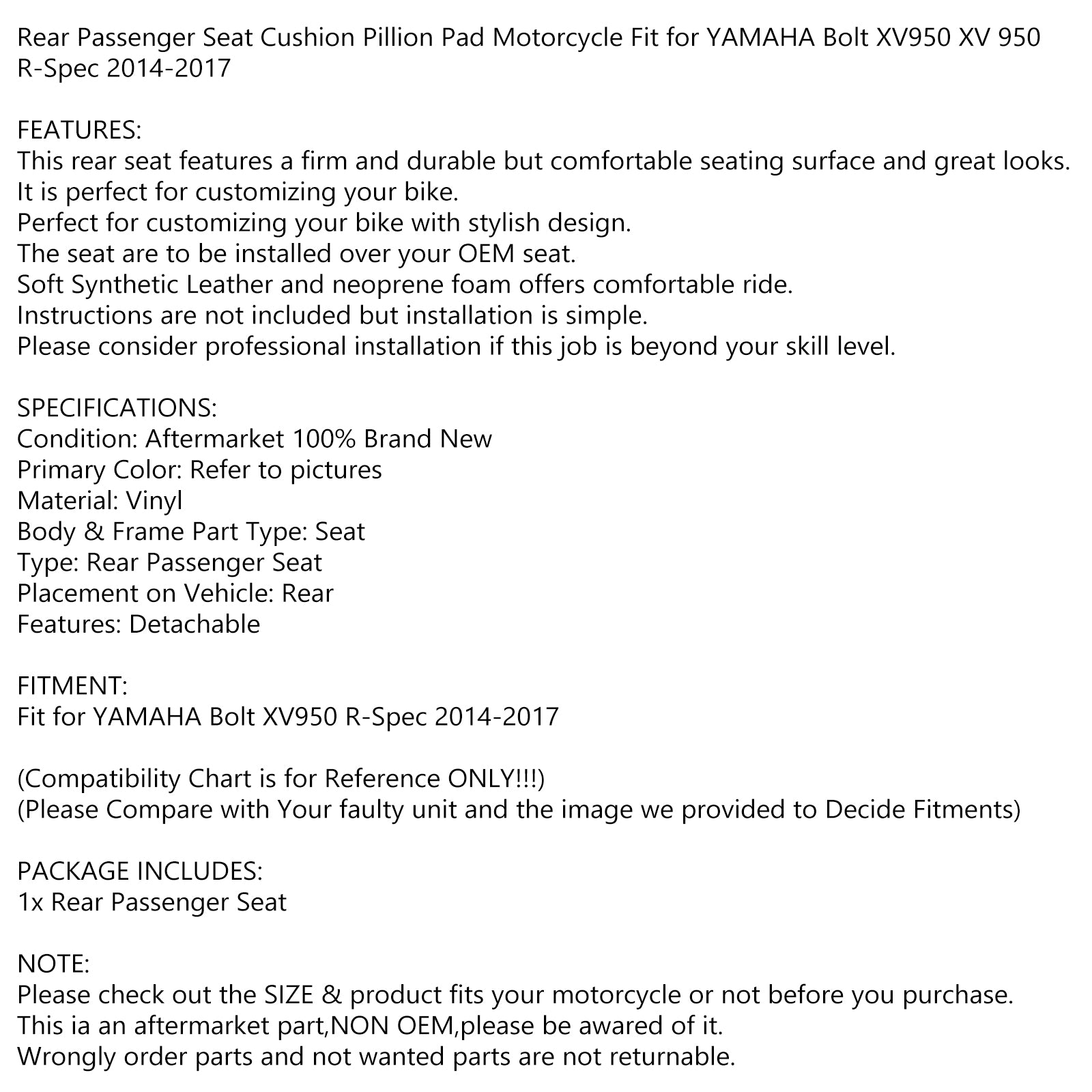 Rear Passenger Back Seat Pillion Saddle Fit For Yamaha Bolt Xv950 14-17 Generic