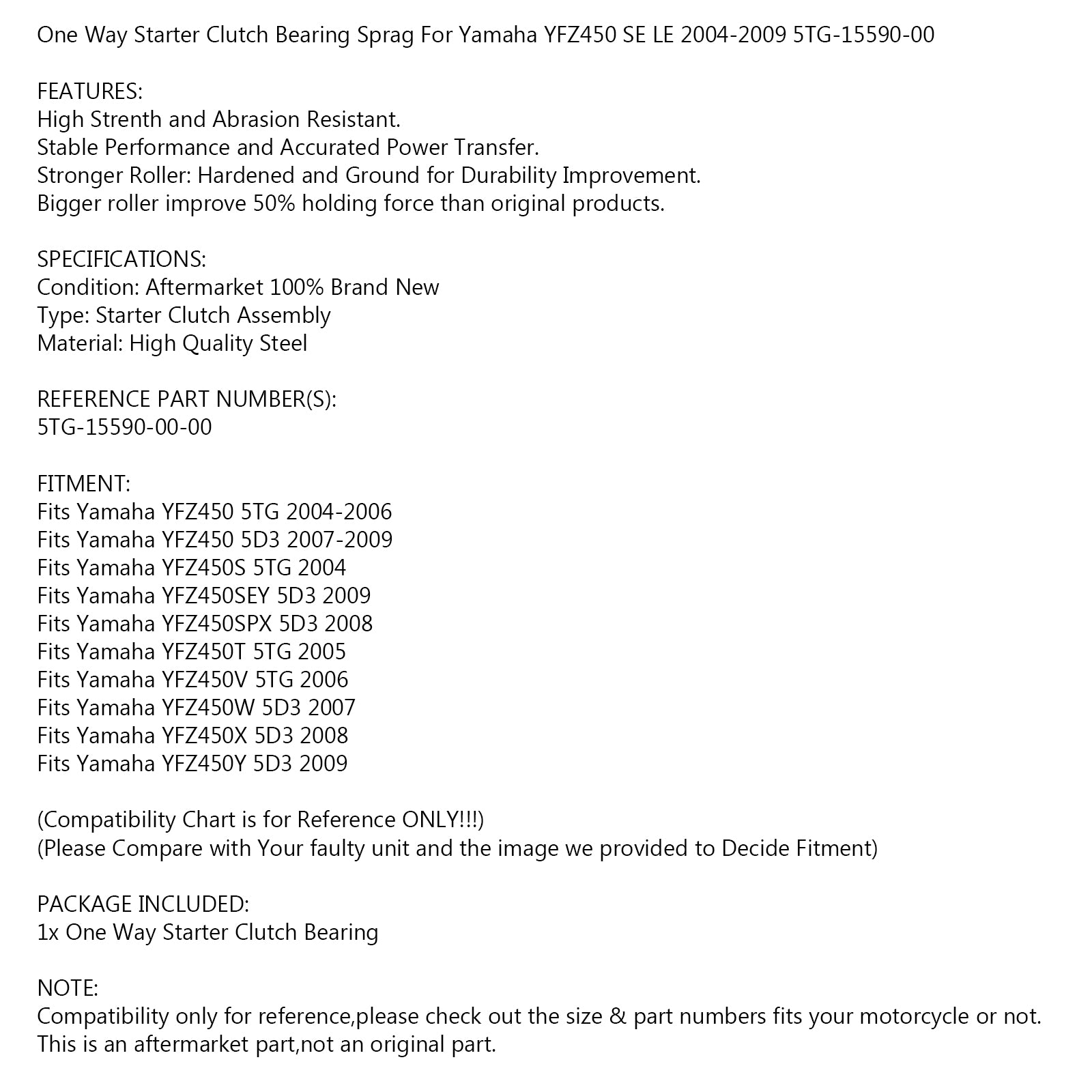 Embrague de arranque unidireccional rodamiento Sprag apto para Yamaha YFZ 450 SE LE 2004-2009