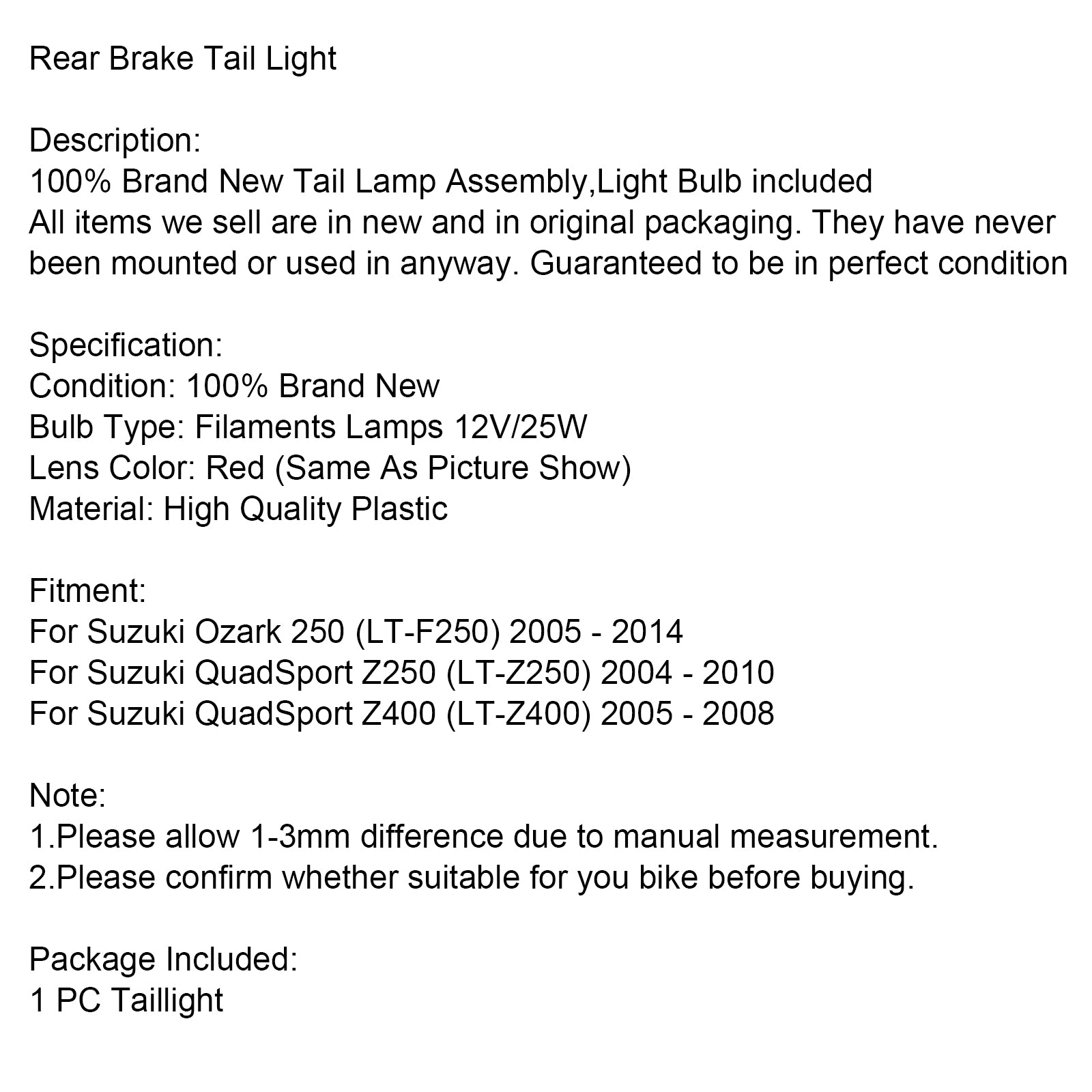 リアブレーキテールライトレッドレンズスズキ LTF 250 オザーク LT-Z250 LTZ 400 Z LT-F 汎用