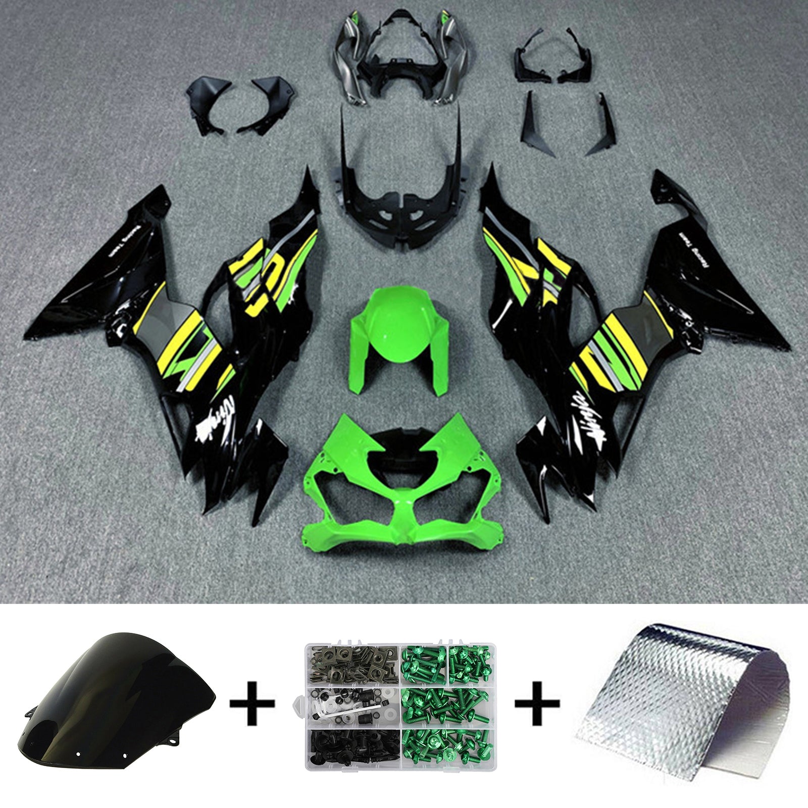 AMOTOPART KAWASAKI 2019-2023 ZX6R GRØN GUL Sort Fairing Kit