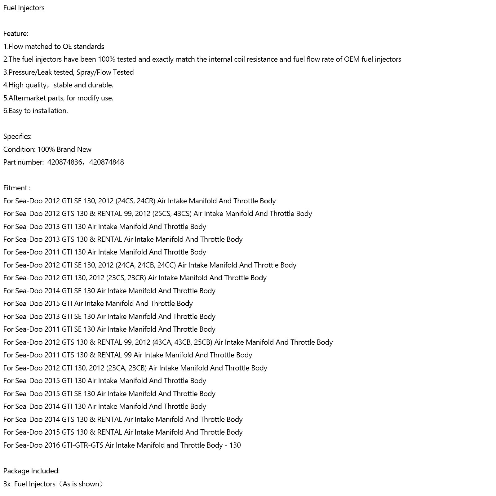 3 個 420874836 燃料インジェクター 420874848 Seadoo GTI 130/SE 130 GTS 130 2011-2015