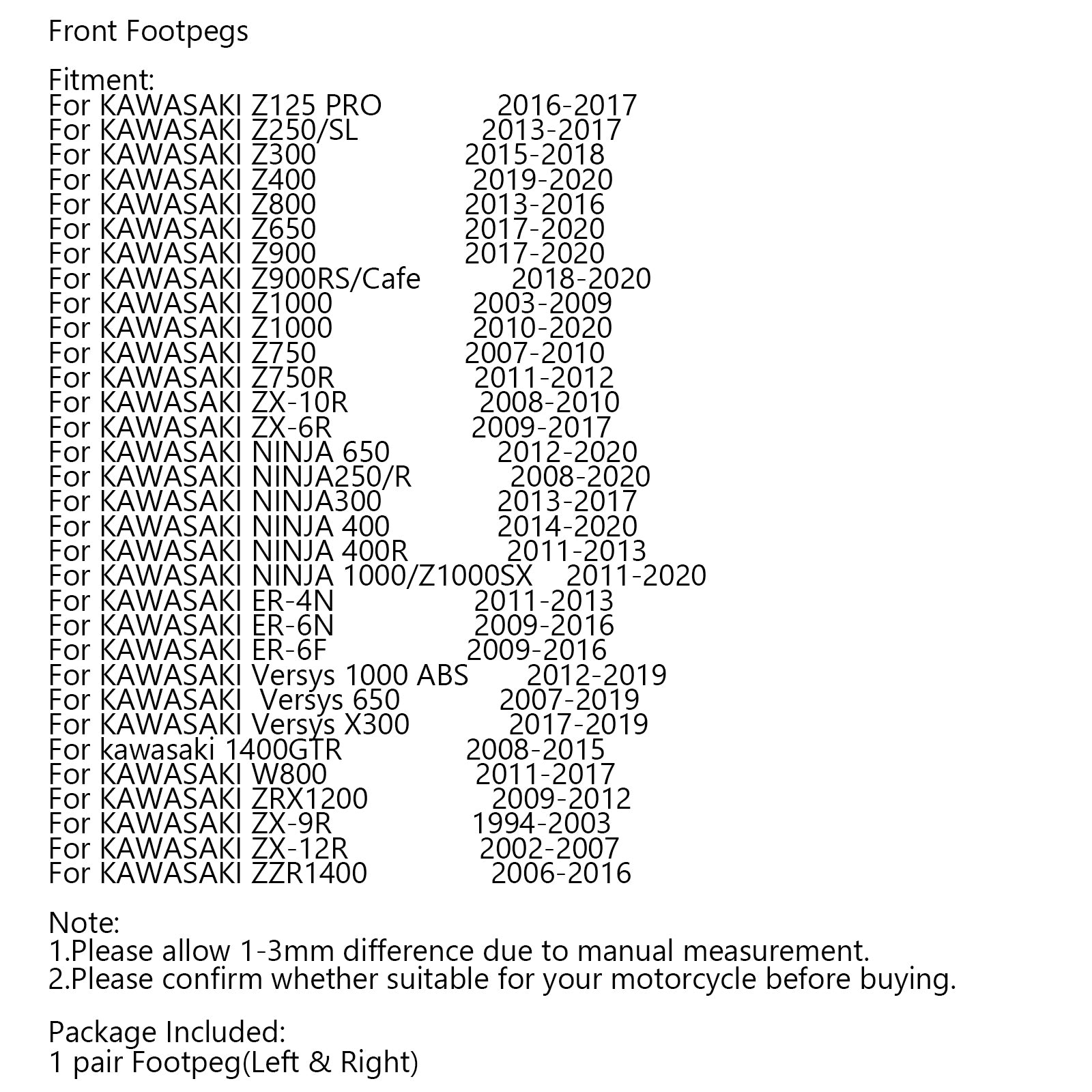 Přední nohy nohy kolíčku pro Kawasaki Z300 Z400 Z800 Z650 Z900 Z1000 Ninja 650 Generic