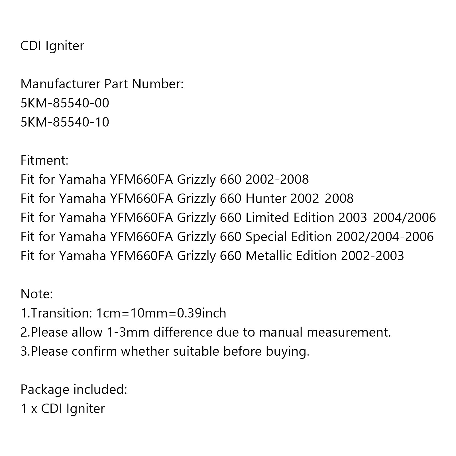 CDI tändare passar för Yamaha YFM660FA Grizzly 660 2002-2008 5 km-85540-00
