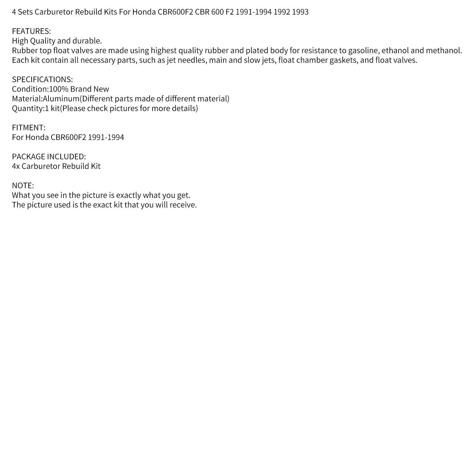 4 sætter karburatoropbygningssæt til Honda CBR600F2 CBR 600 F2 1991-1994 1992 1993 Generisk