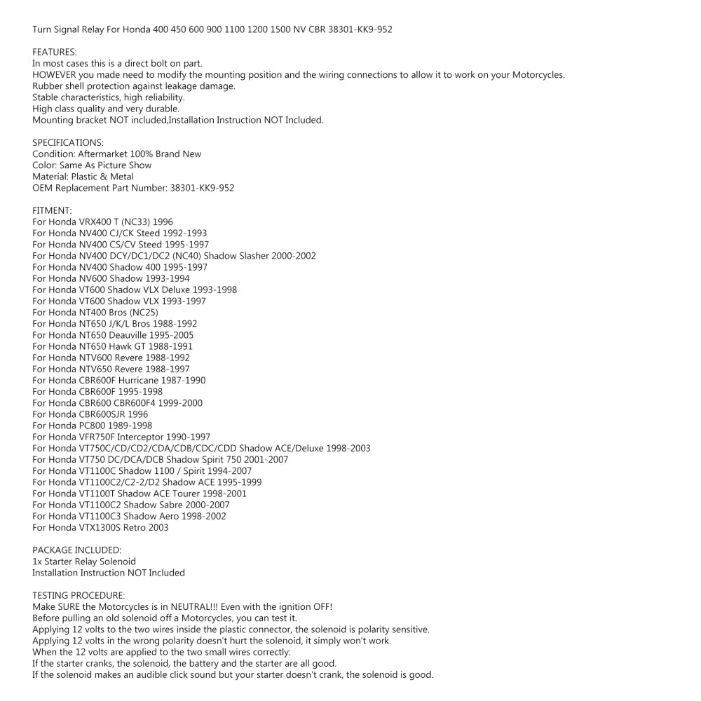 Drejesignalrelæ til Honda 400 450 600 900 1100 1200 1500 NV CBR 38301-KK9-952 Generisk