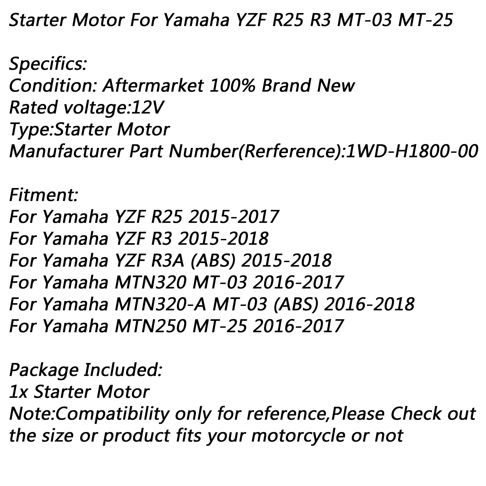 Startovací motor pro Yamaha YZF R3 MT03 15-24 1WD-H1800-00 1WD-H1800-02-00