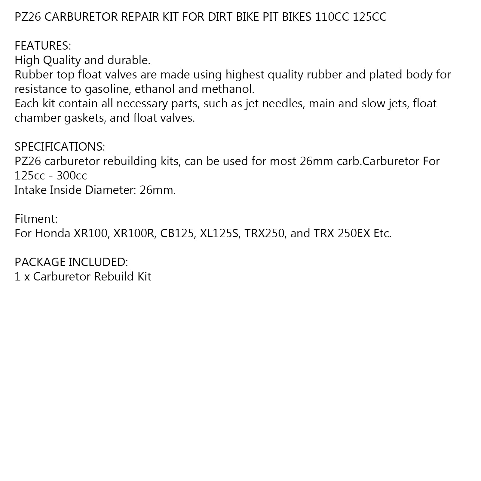 PZ26 Carburetor Carb Repair Reparation Kit til Dirt Bike Pit Bikes 110cc 125cc ATV