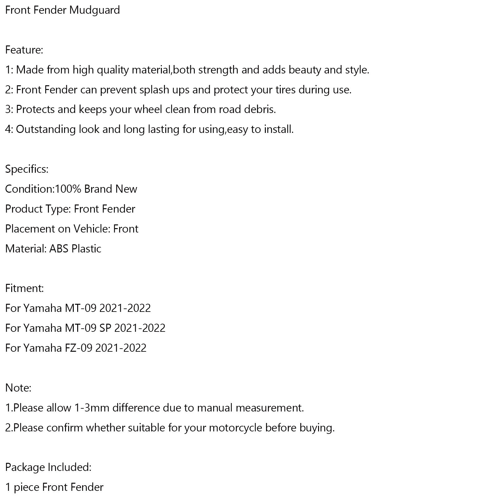 CARDINGO DE MUDA DEL FENDER Front para Yamaha MT-09/SP FZ-09 21-23 XSR900/GP 22-25