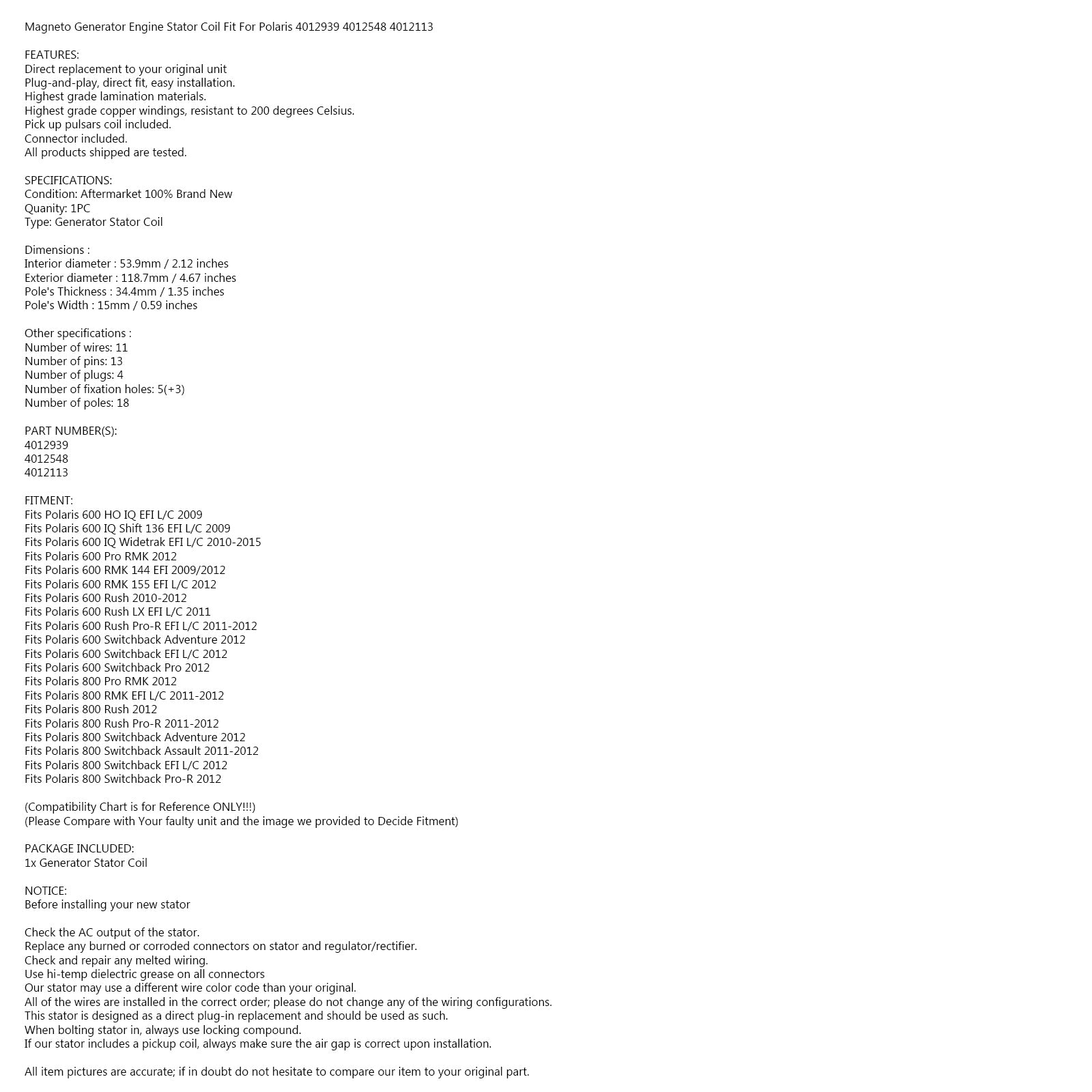 Polaris 600 800 IQ PRO STATOR GENERATOR ALTERNATOR 4012939 4012548 4012113 Generic