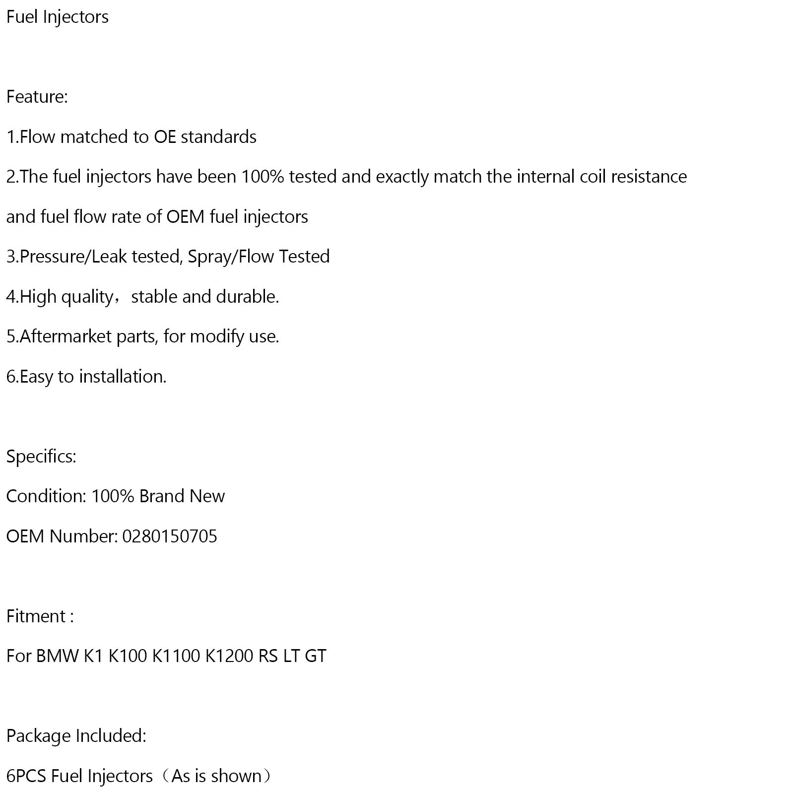 6PCS Motorsykkelinjektor 0280150705 for BMW K1 K100 K1100 K1200 RS LT GT Generisk