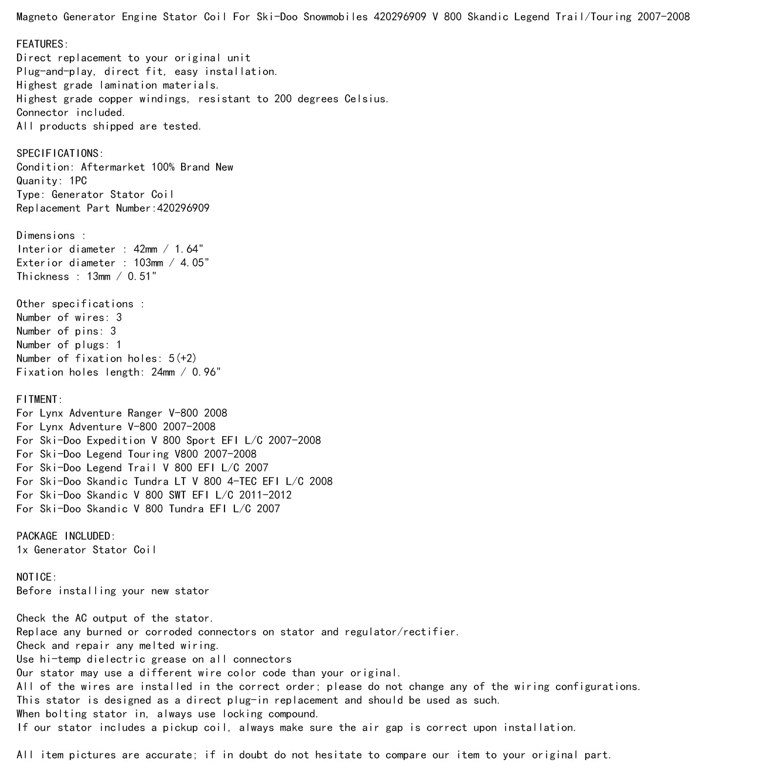 Alternateur Stator pour Lynx V-800 Adventure/Adventure Ranger V 800 2007 2008 via FedEx