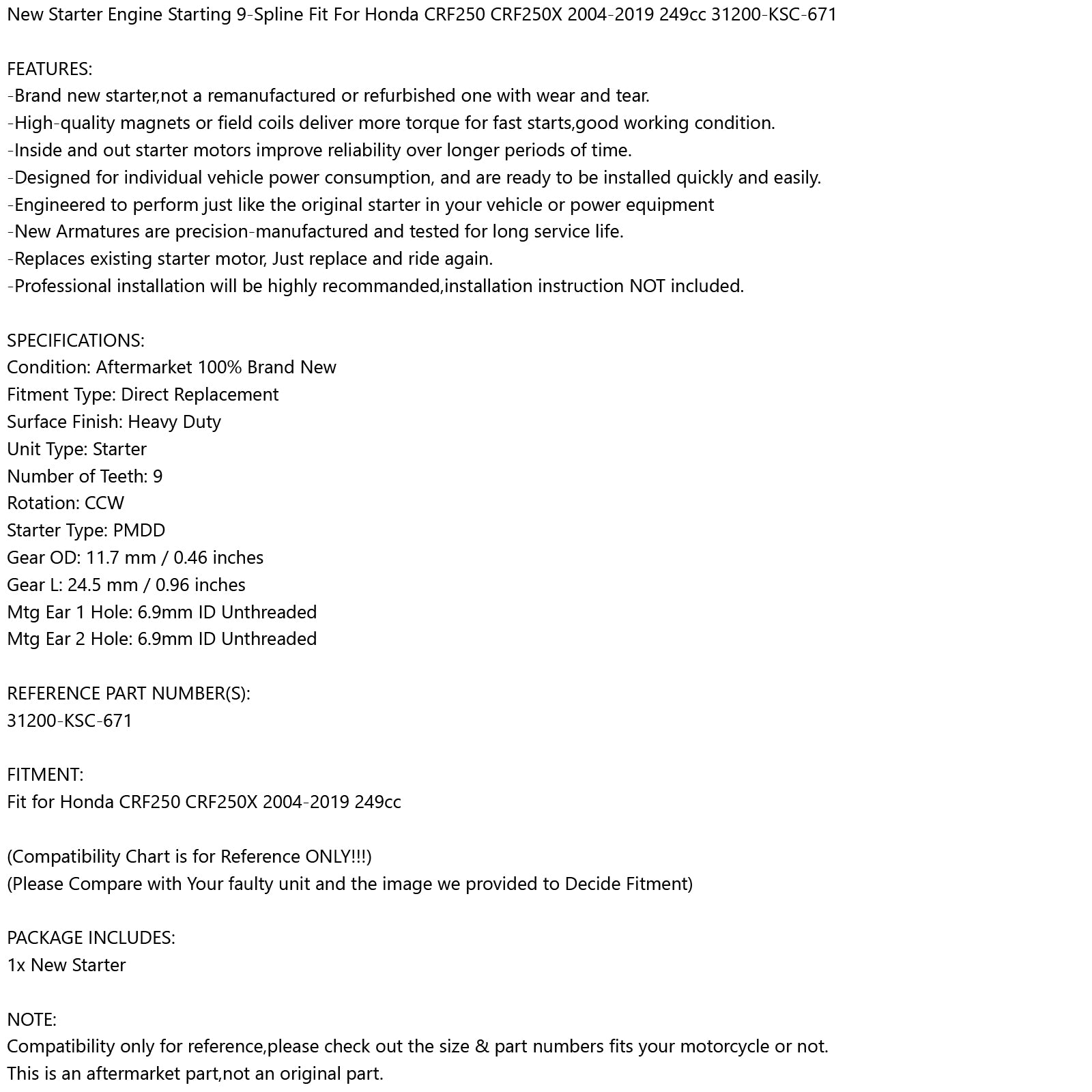 新しいスターター CCW 9 スプラインホンダ CRF250 CRF250X 2004-2019 31200-KSC-671 汎用フェデックスエクスプレス配送