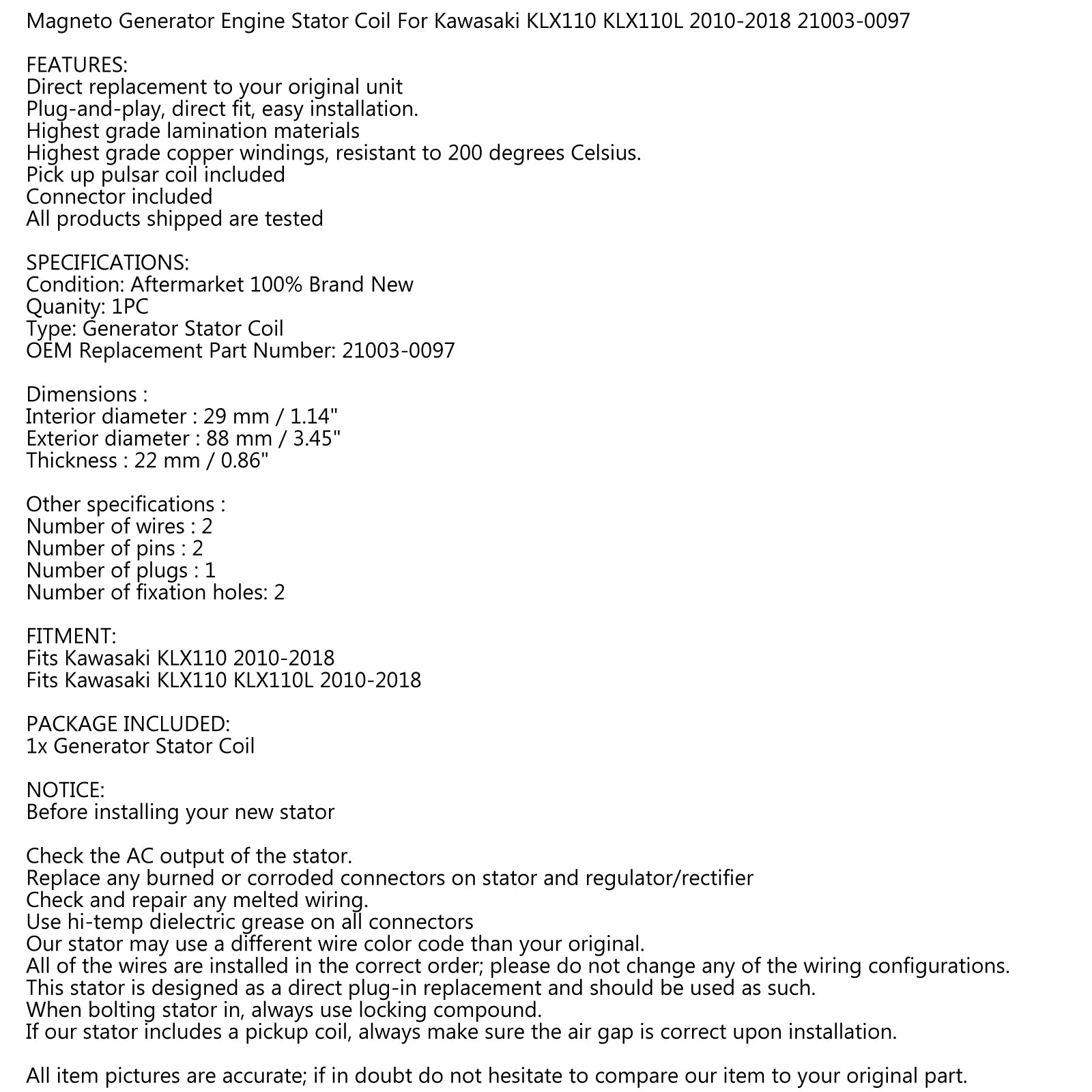 Magnetengenerator Statorspule für Kawasaki KLX110 KLX110L 2010-2018 21003-0097 über FedEx