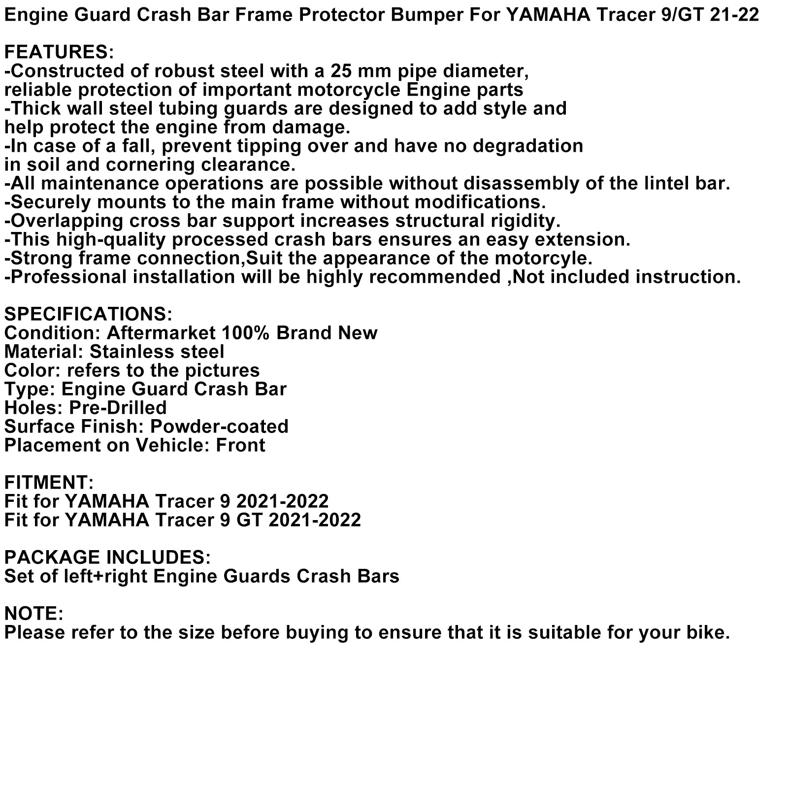 Bumper Engine Protection Guard Crash Bar Fits For Yamaha Tracer 9/Gt 21-22