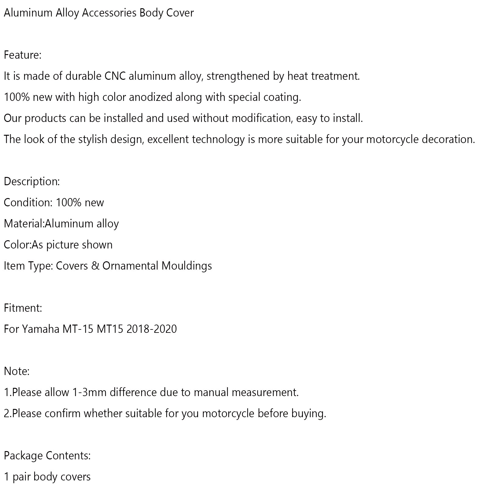 Aluminum Alloy Accessories Body Cover For Yamaha MT 15 MT-15 MT15 2018-2020 Generic