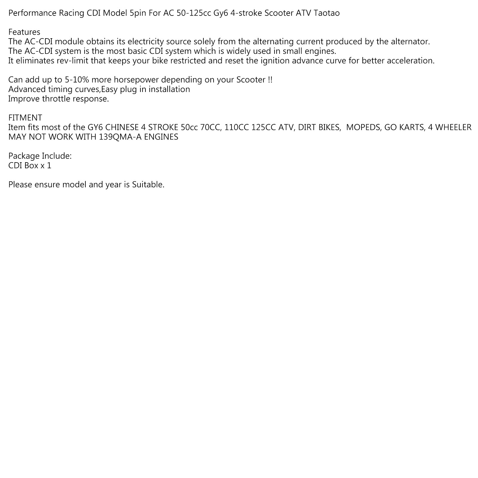 Performance Racing CDI Model 5Pin för 50-125cc GY6 4-slags skoter ATV Taotao