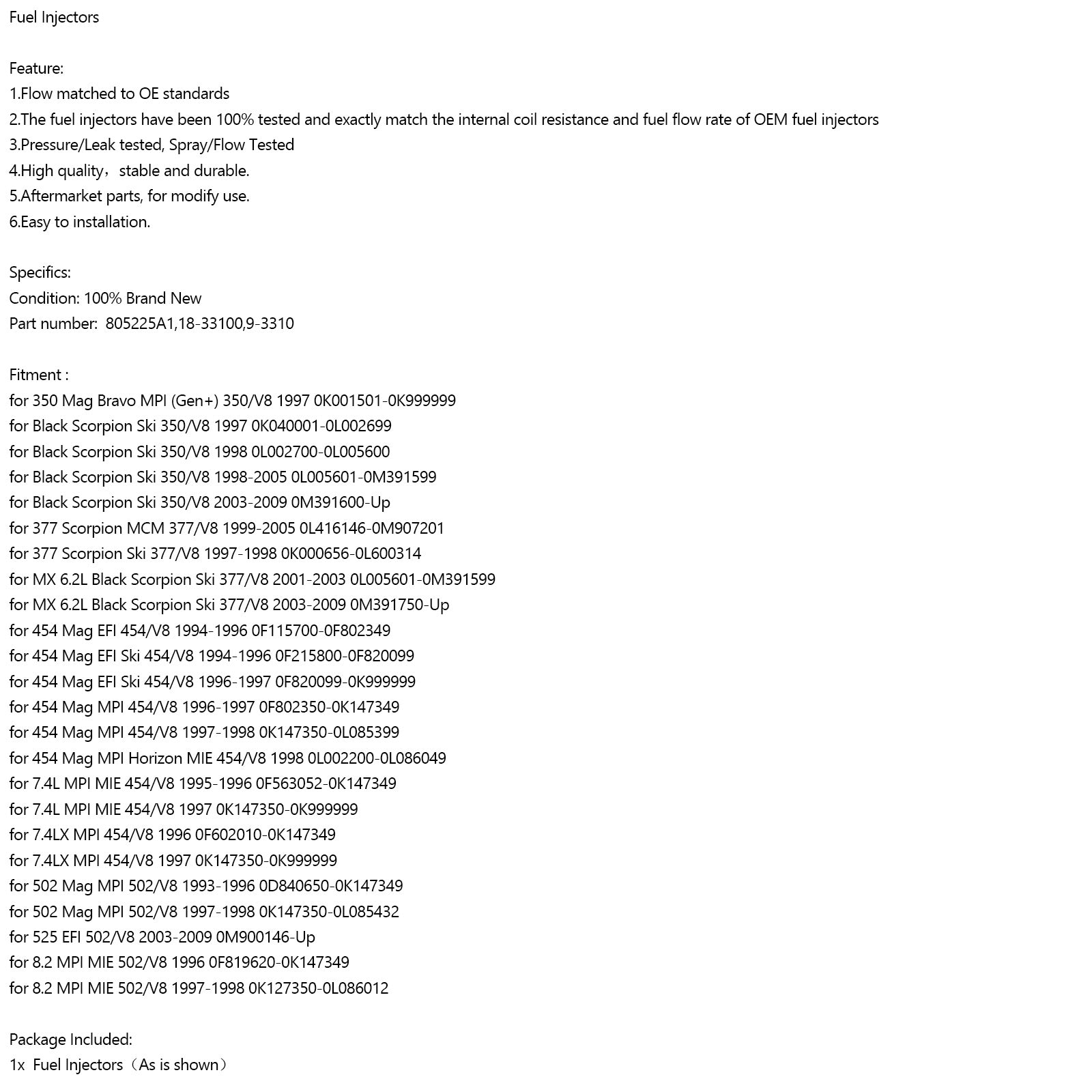 9-3310 Iniettori di carburante adatti per Mercruiser 805225A1 Marine 18-33100 Barca