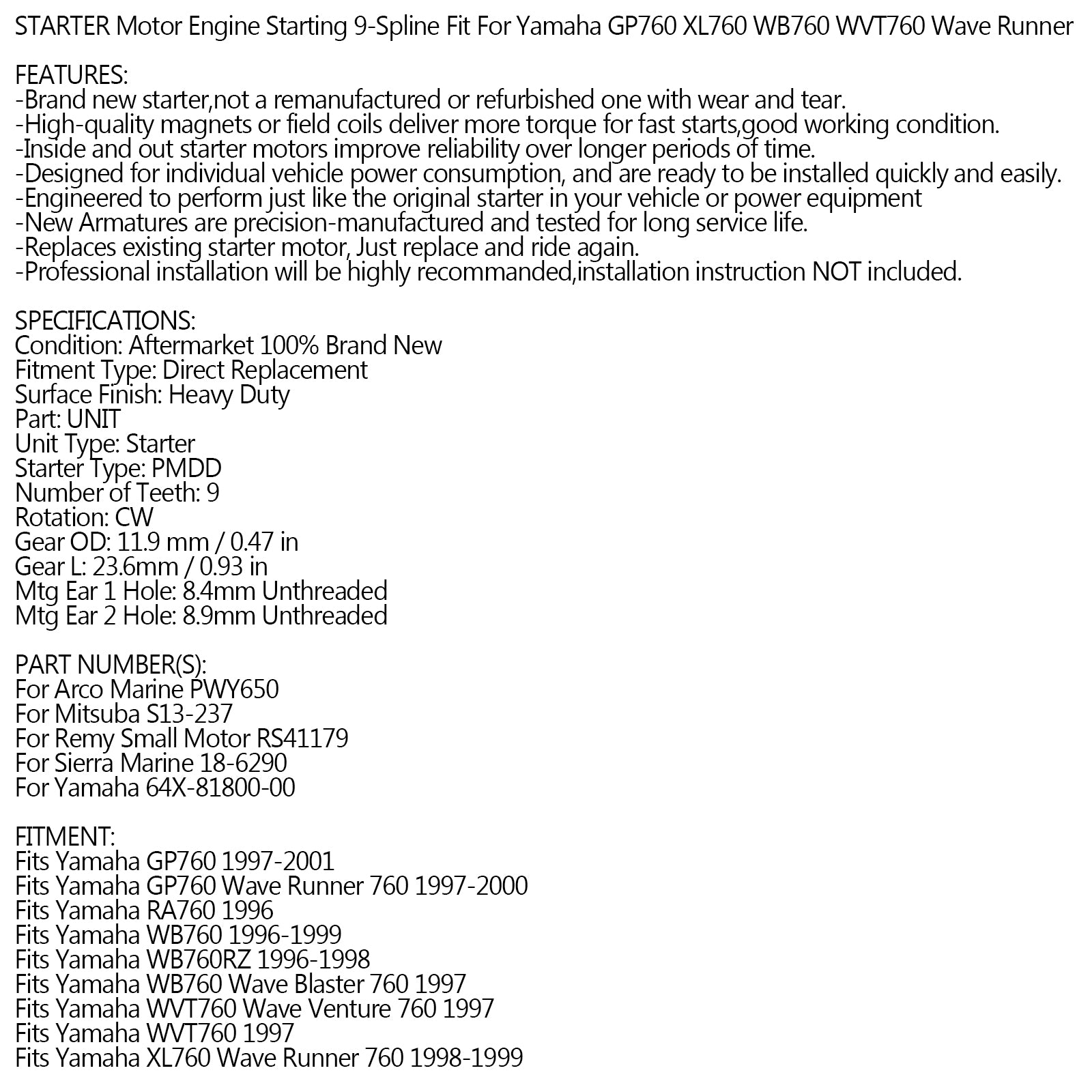 スターターモーター ヤマハ ウェーブブラスター ベンチャー 760 GP760 XL760 WB760 WVT760 96-00 汎用フェデックスエクスプレス配送
