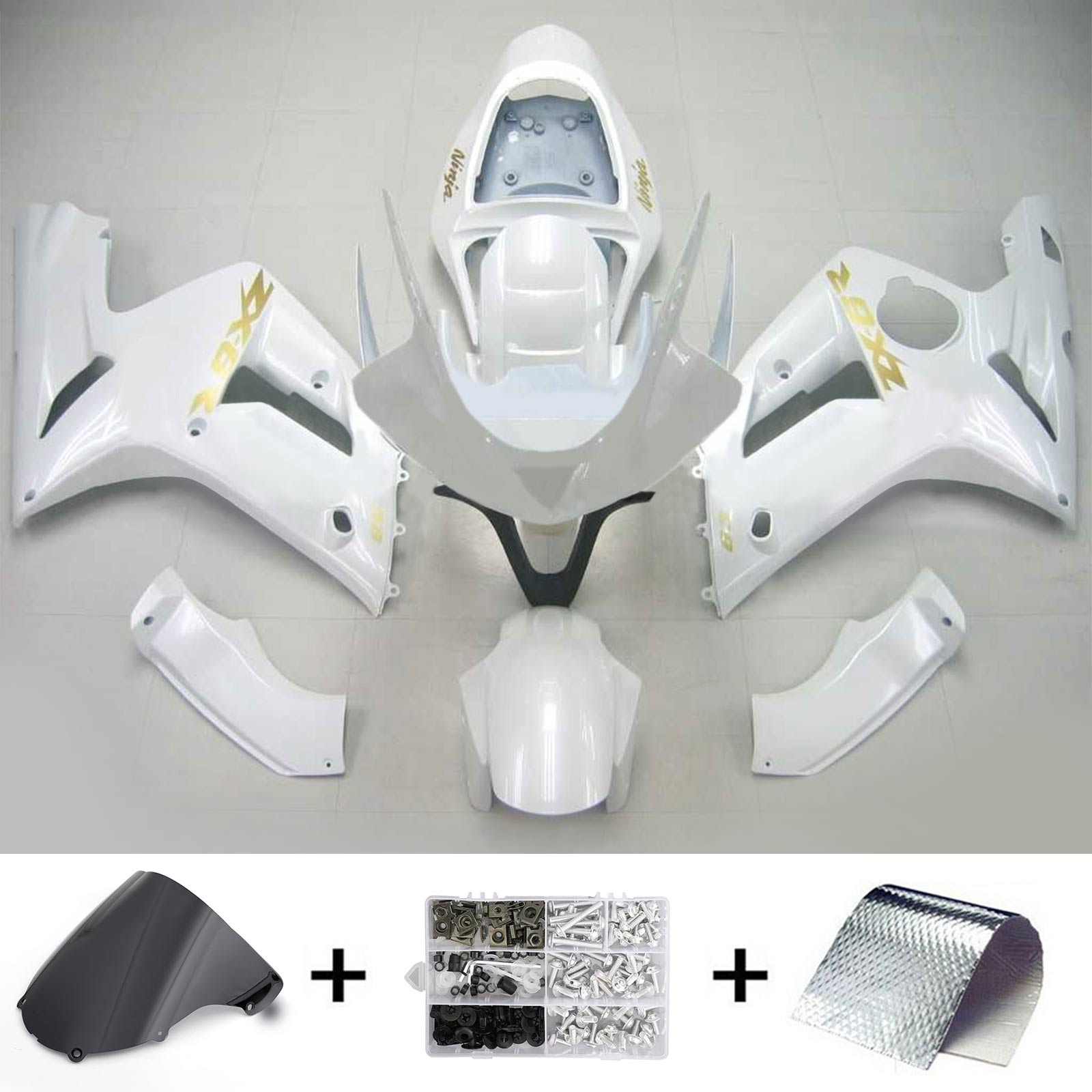 Amotopart 2003-2004 Kawasaki Zx6R 636 White Fairing Kit With Gold Logo