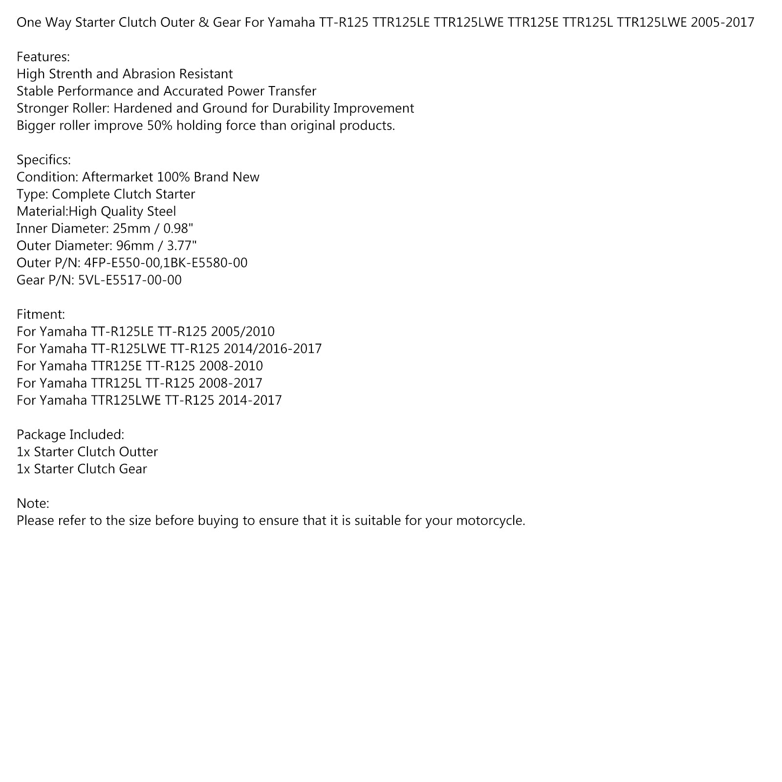 Engranaje exterior del embrague de arranque apto para Yamaha TTR125 5VL-E5517-00 4FP-E550