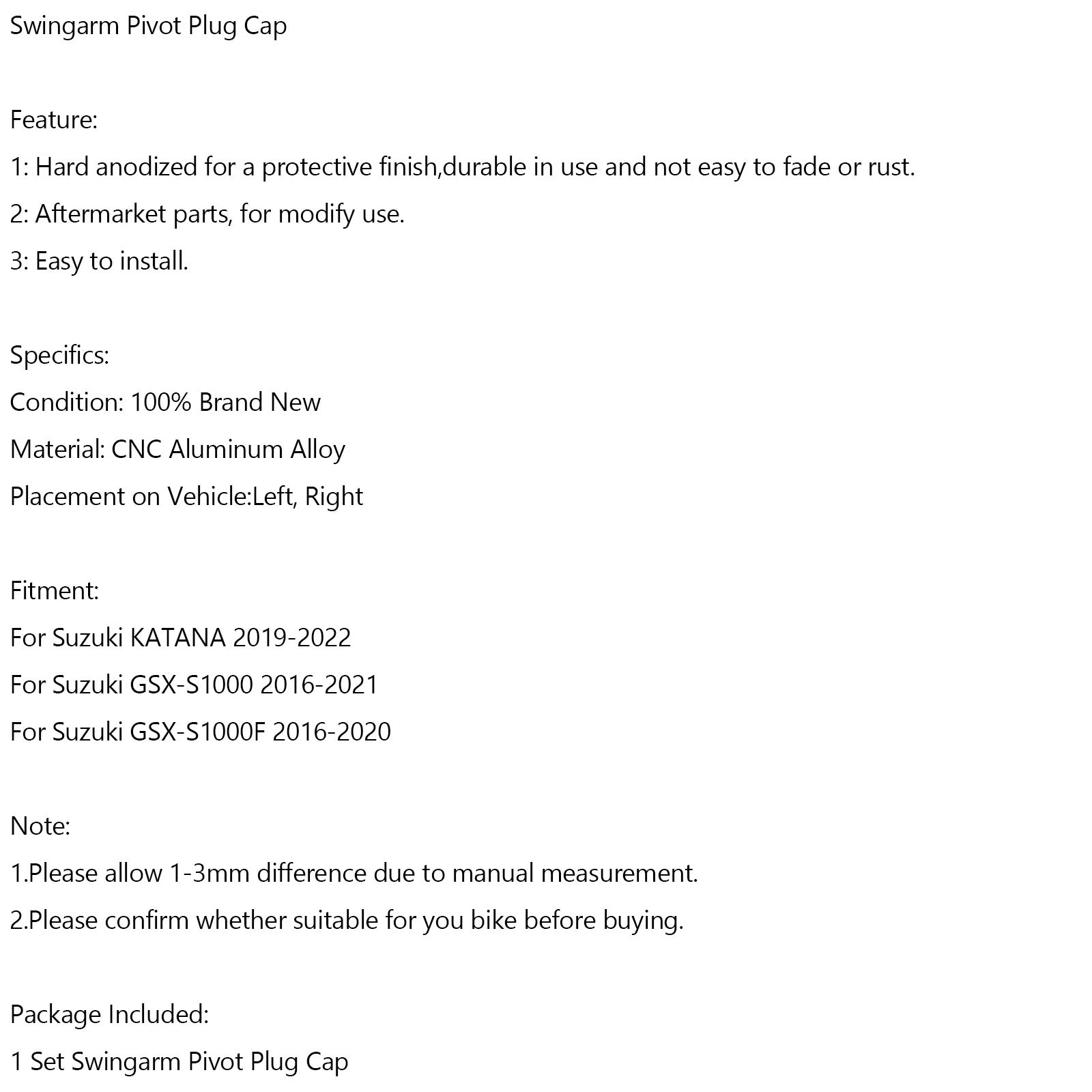 Swingarm Pivot zástrčka pro Suzuki Katana GSX-S1000 GSX-S1000F 2016-2021