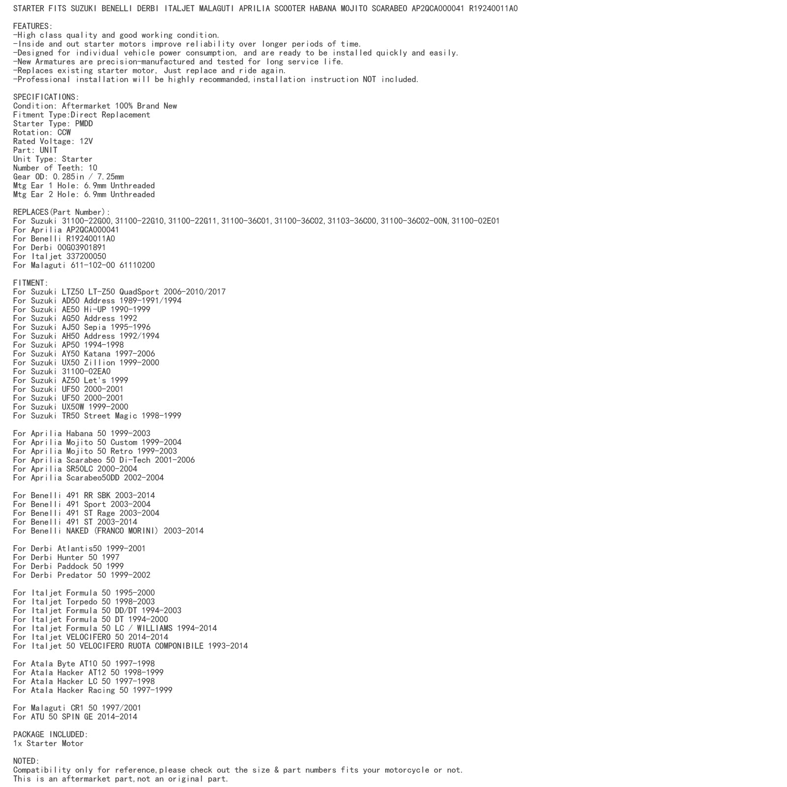 New Starter Engine Starting 10-Spline Fit For Suzuki AP 50 / AY 50 Katana / UX 50 Zillion / TR 50 / UX 50 / UF 50 / AE 50 31100-22G00 31100-22G10