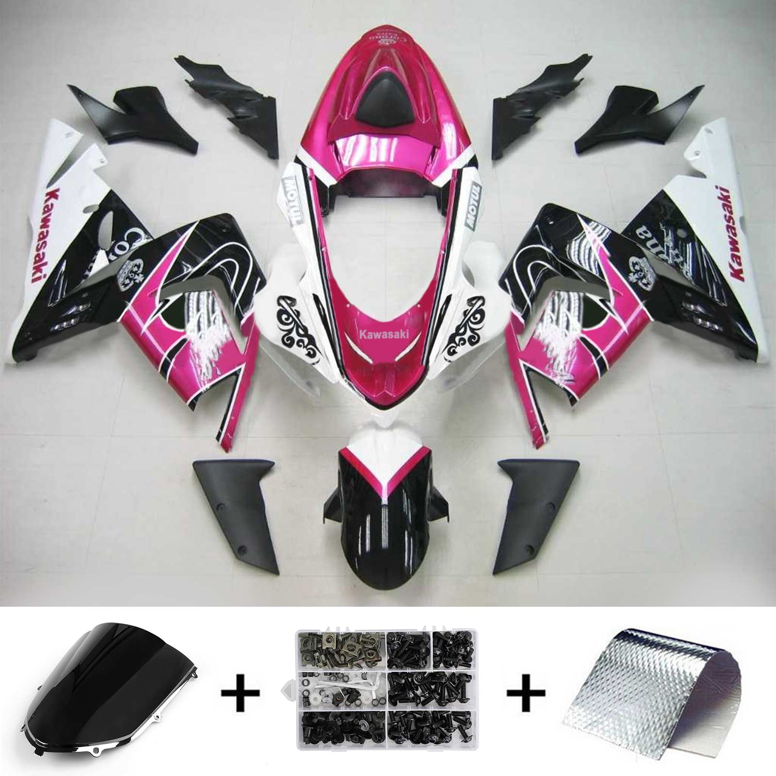 Amotopart Verkleidungsset für Kawasaki 2004–2005 ZX10R, Weiß, Rosa