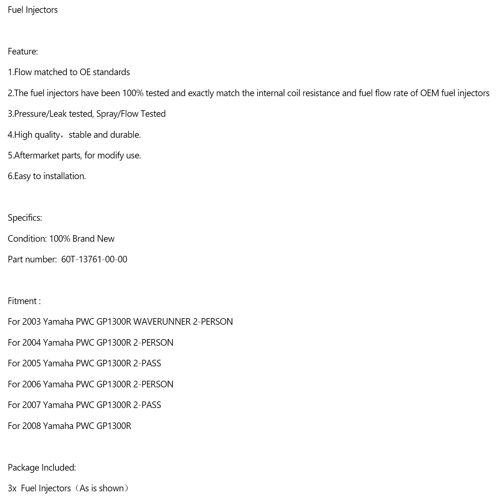 Assemblage des injecteurs de carburant 3PCS 60T-13761-00-00 pour Yamaha GP1300R 2003-2008