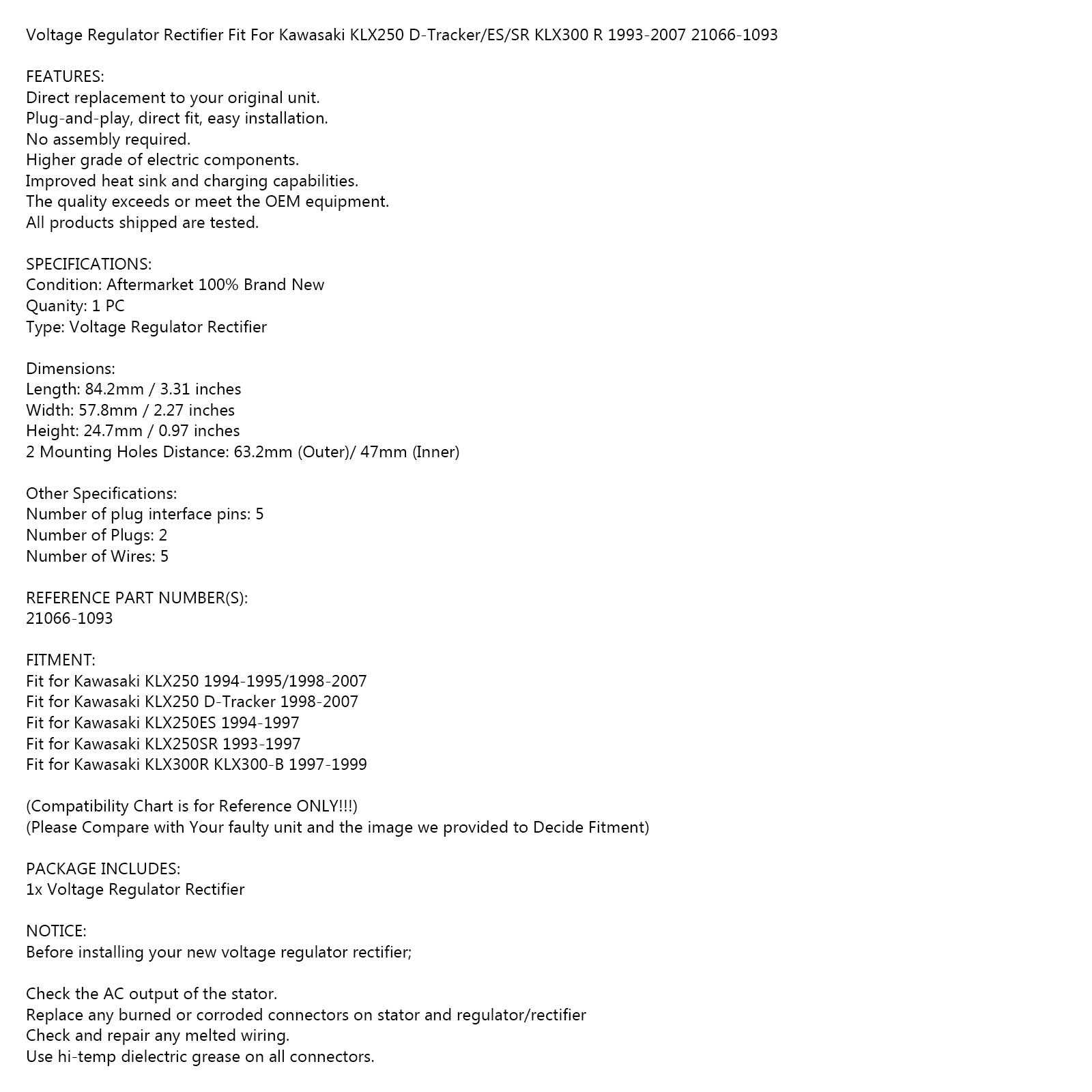 電圧レギュレーター Kawasaki KLX250 D-Tracker/ES/ER KLX300R 21066-1093に適合