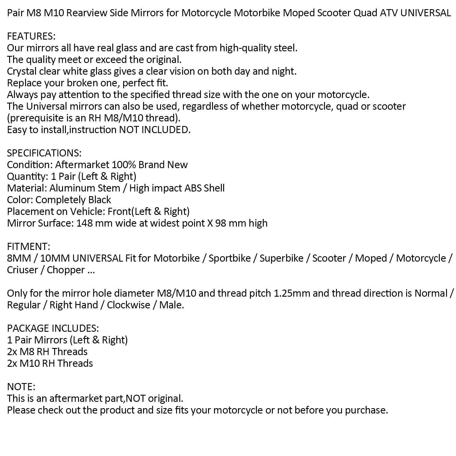 Combineer spiegels nieuwe zwarte links rechter spiegel 8 mm 10 mm voor motorfietsmotor generiek