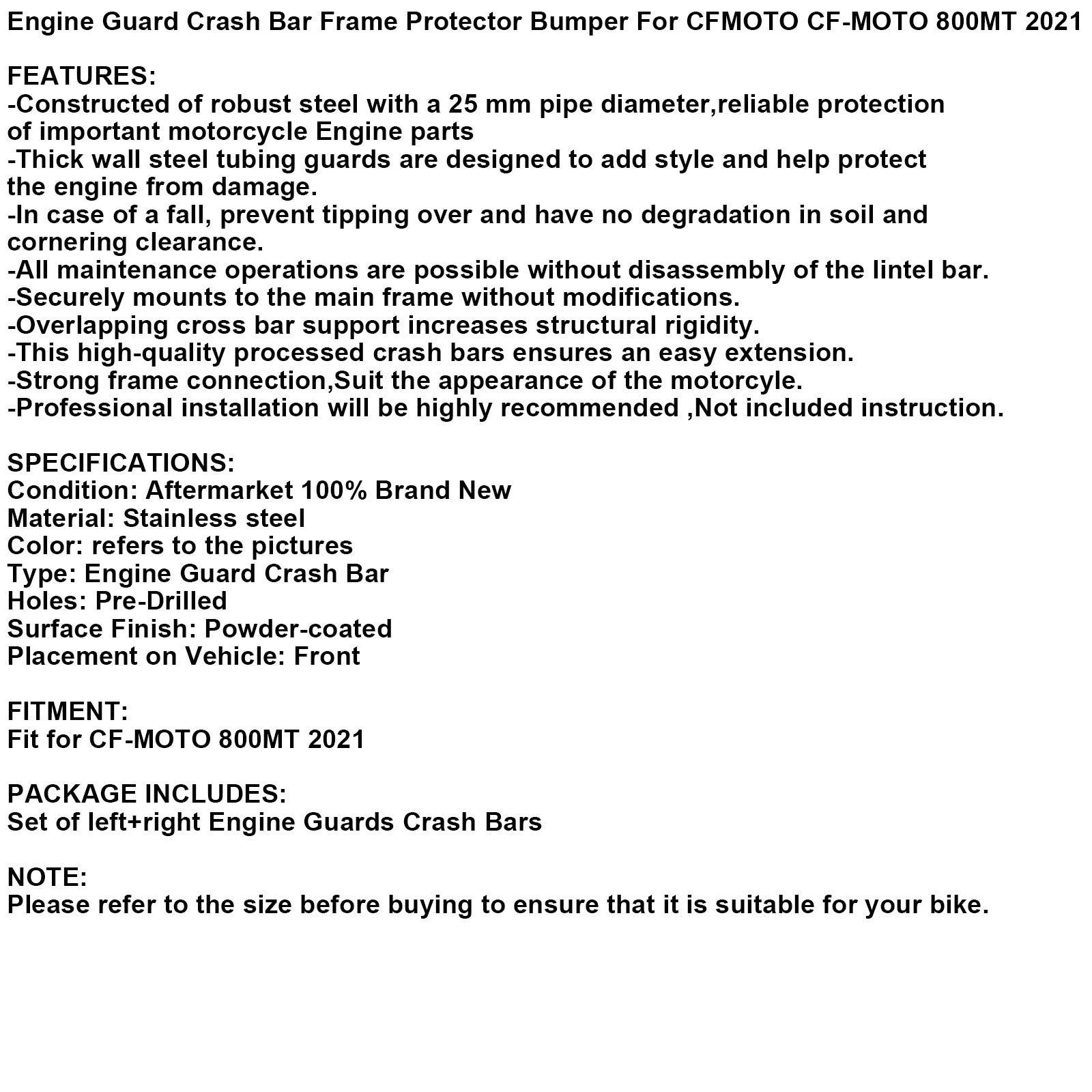 Engine Guard Crash Bar Frame Protector Bumper For Cfmoto Cf-Moto 800Mt 2021