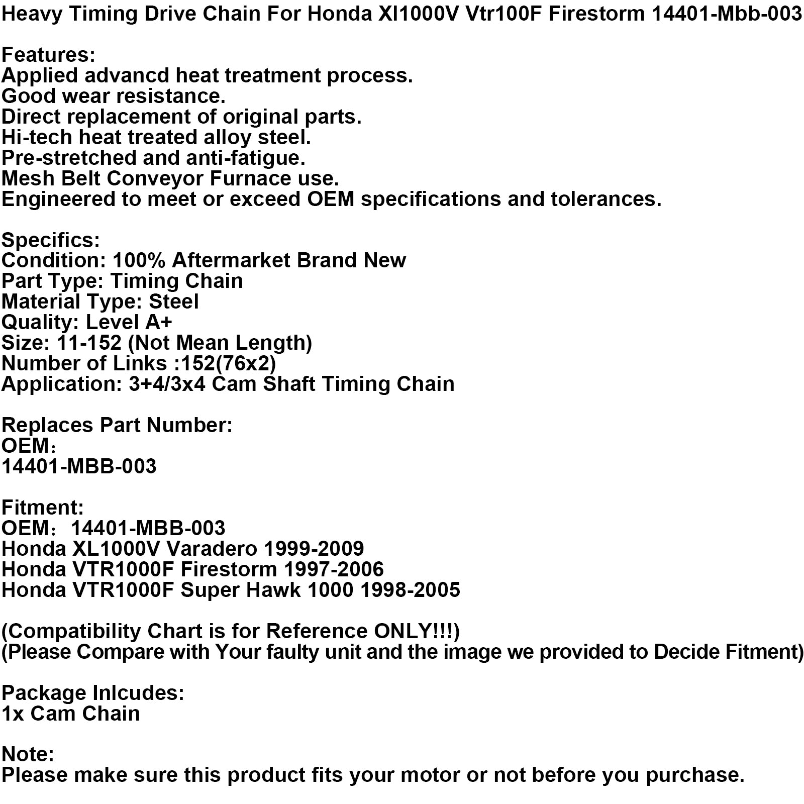 Catena Di Trasmissione Catena Per Carichi Pesanti Per Honda Xl1000V Vtr100F Firestorm 14401-Mbb-003 Generico