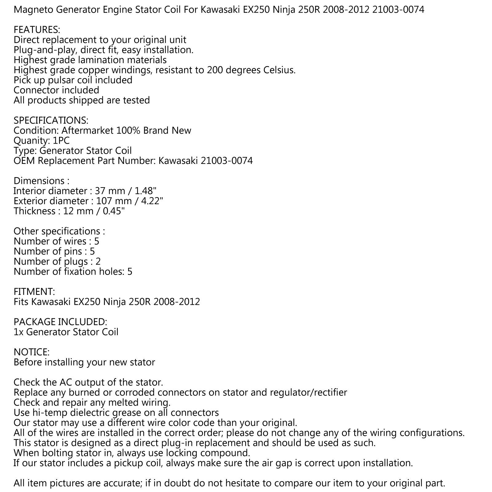 Magnetengenerator Statorspule für Kawasaki EX250 Ninja 250R 2008-12 21003-0074 über FedEx