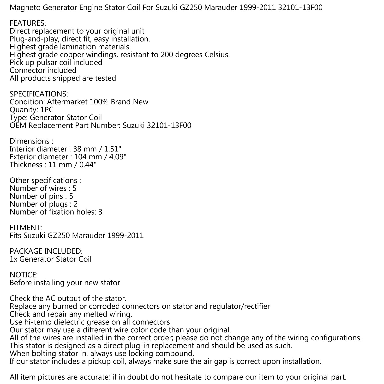 Magneto Generator Stator Coil For Suzuki GZ250 Marauder 1999-2011 32101-13F00